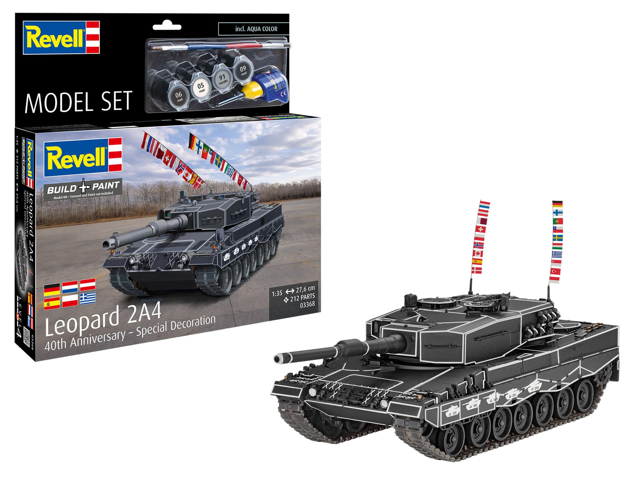Revell 63368 Zestaw modeli Leopard 2A4 Tank - specjalna dekoracja 40. rocznica skali 1:35 niezabudowany/niepomalowany plastikowy model zestaw z akcesoriami