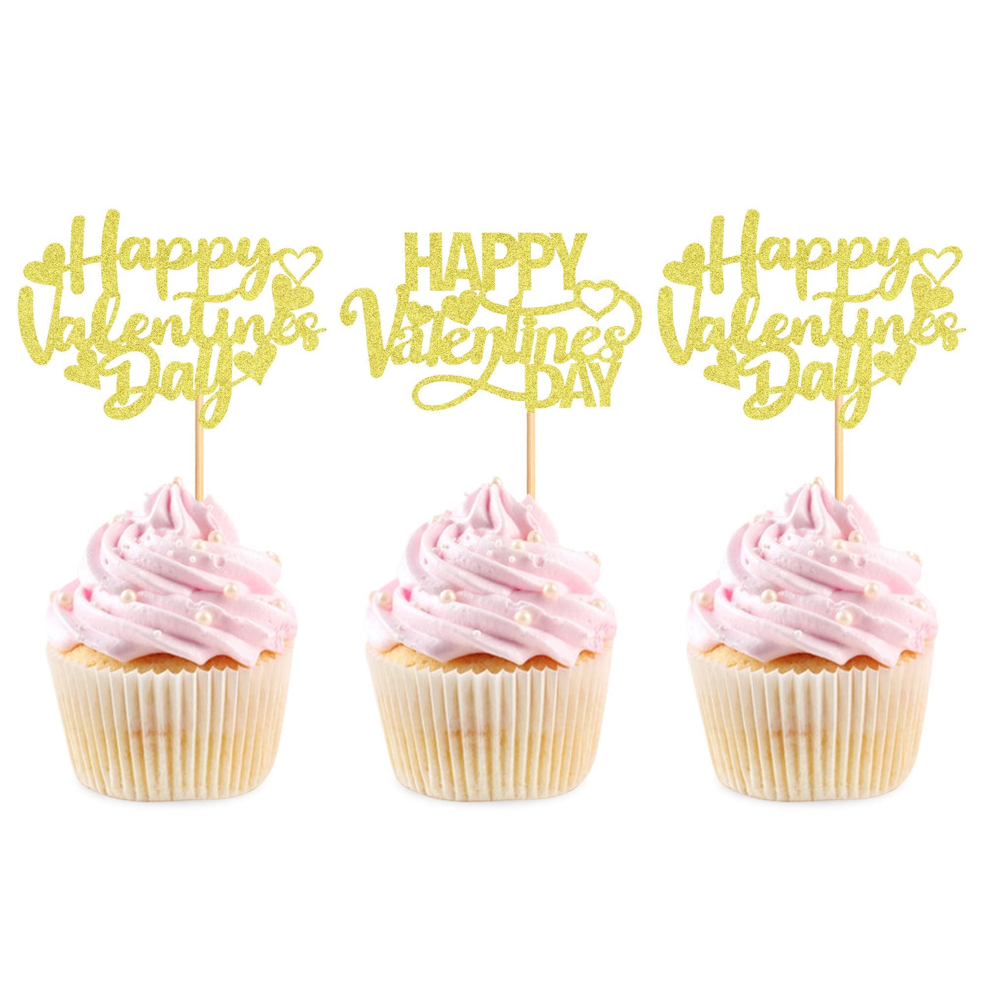 Blumomon 24Pcs Happy Valentine's Day Cupcake Toppers with Heart Glitter Sweet Love Theme Valentine's Day Cupcake Food Picks Valentine's Day Theme Birthday Party Cake Decorations Supplies Gold