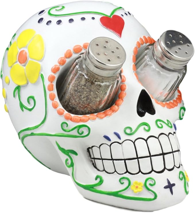 Ebros Day of The Dead Tattoo White Sugar Skull Salt And Pepper Shakers Holder Figurine Romantic Skull Kitchen Decor