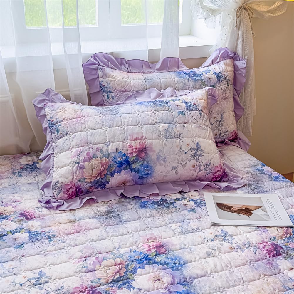 Set of 2 Plaid Quilted Floral Print Ruffle Bed Pillow Shams