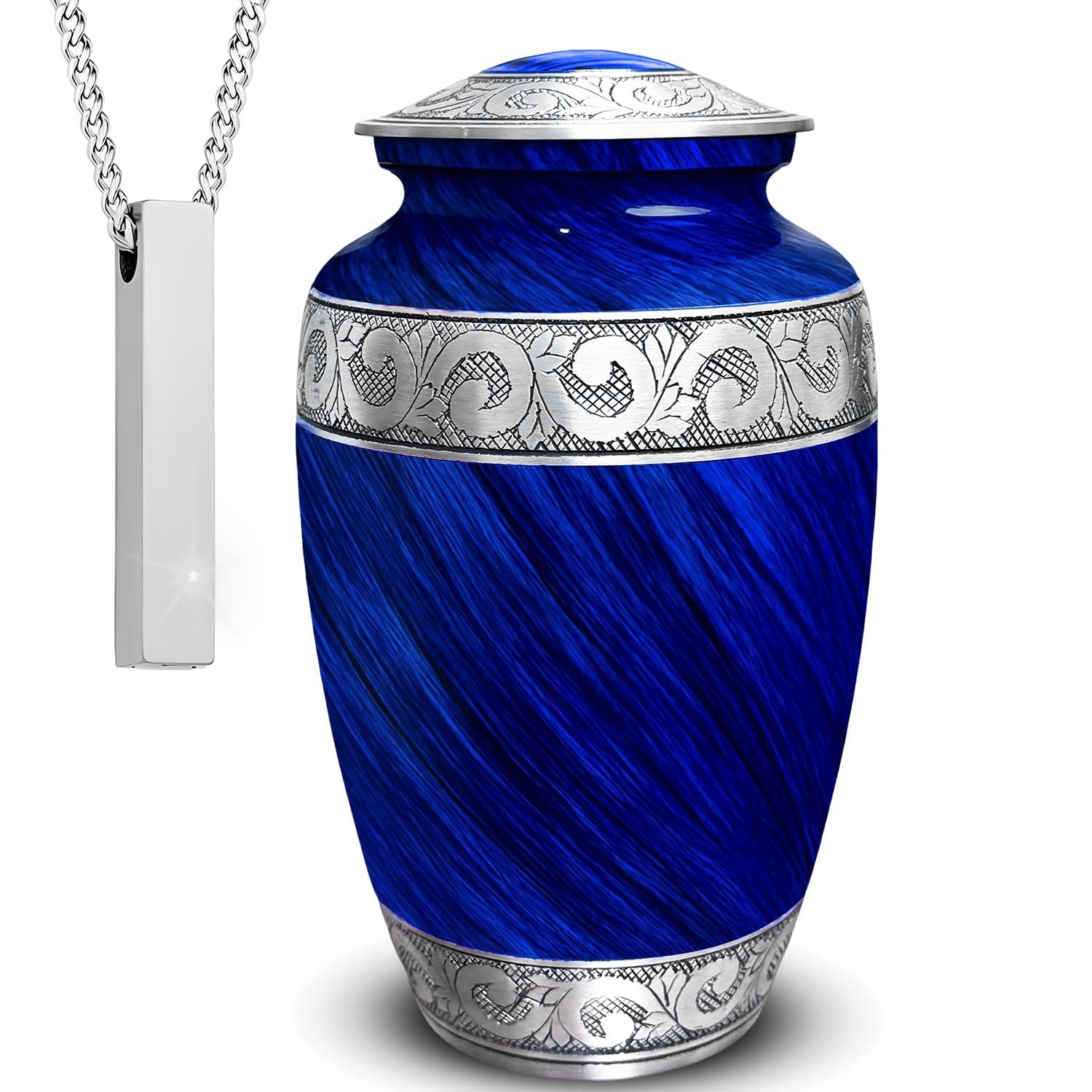 Set of 2 Eternal Blue Decorative Cremation Urns for Ashes Adult Male & Female Includes 1 Large Urn & 1 Necklace for Human Ashes