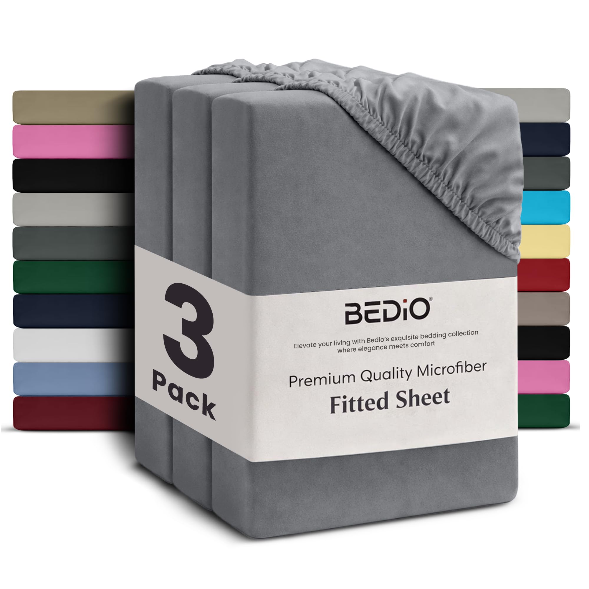 BEDIO Extra Deep Super King Size Fitted Sheets (Pack of 3) 180x200CM, Grey - 35 cm (14 inch) 360° All Around Elastic Easy Care - Soft Brushed Microfiber Fabric - Shrinkage & Fade Resistant