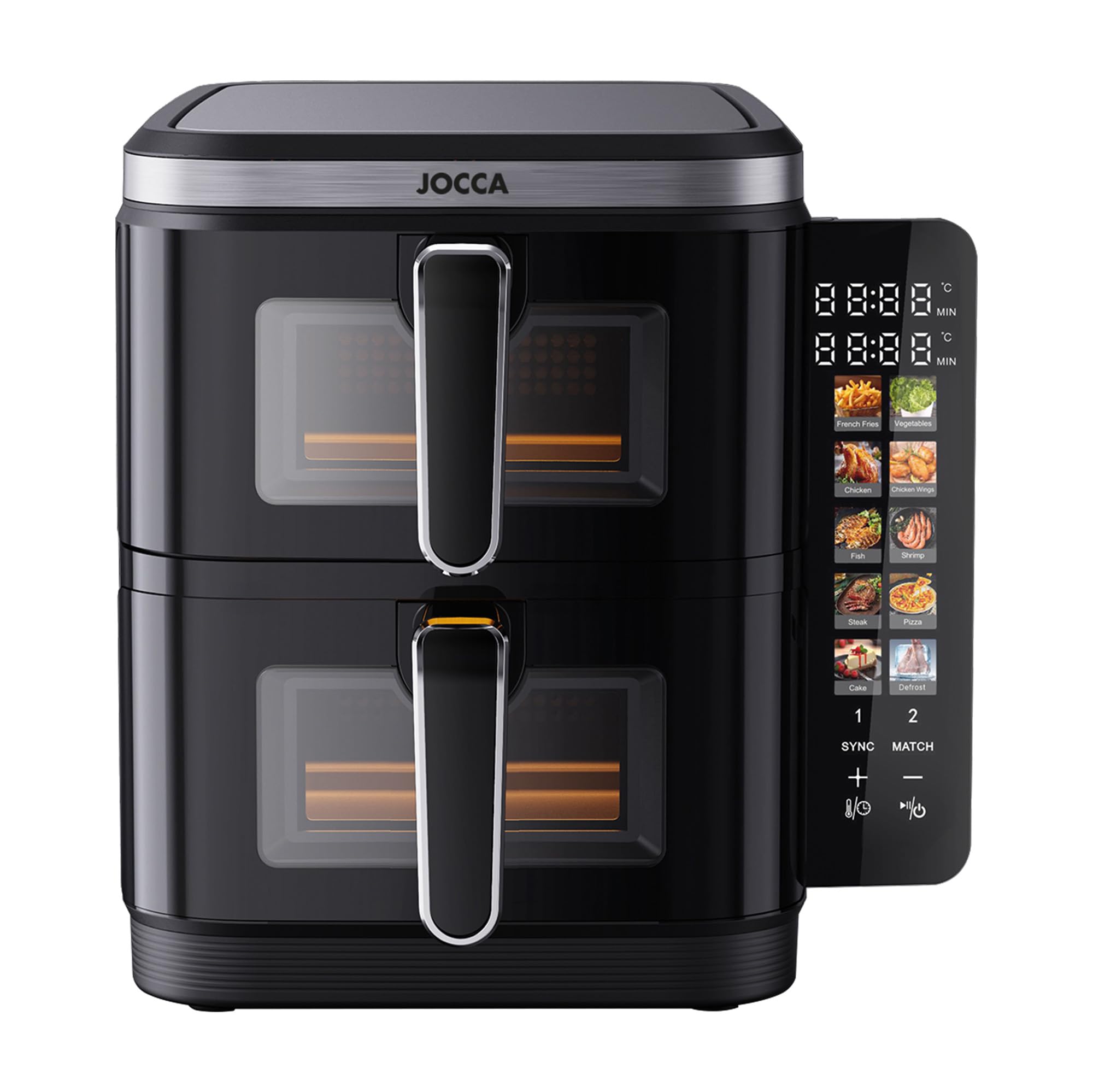 JOCCA - Freidora de Aire Digital Dual 11L (5,5L + 5,5L) | Airfryer Vertical con 2 Compartimentos con Ventanas, 10 Funciones, Pantalla Táctil LED a Color, 60–200°C, Antiadherente y Fácil de Limpiar