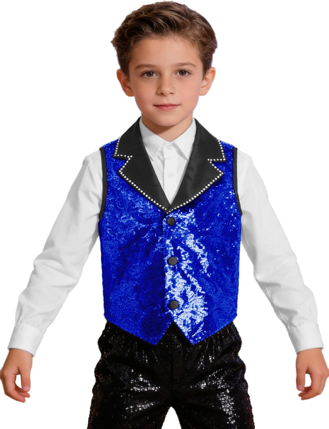 ranrann Kids Boys Shiny Sequin Vest Waistcoat Party Street Jazz Dance Top Button Down Lapel Jacket Outerwear