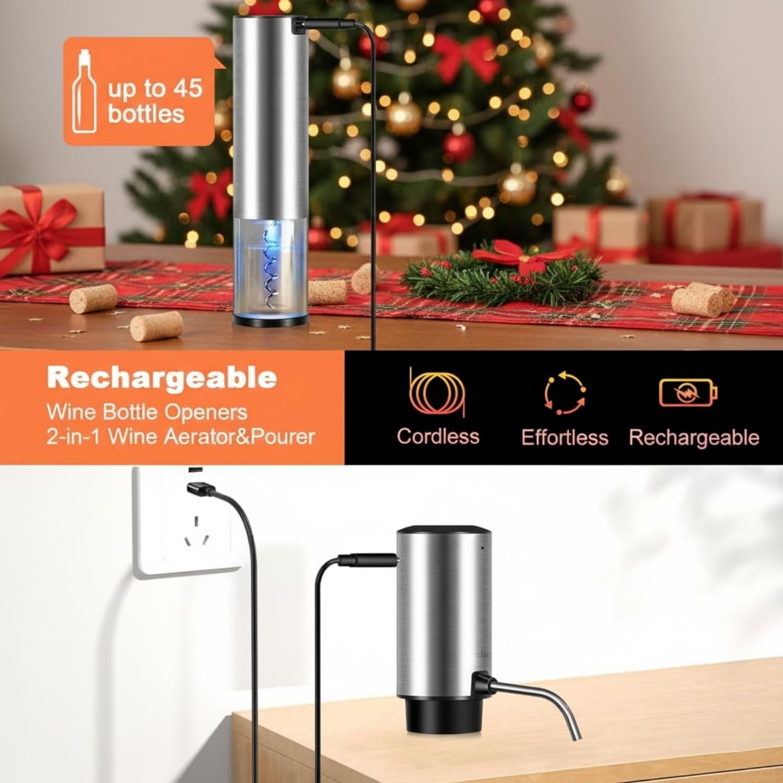 Tire-Bouchon Électrique Rechargeable 4 en 1, Coffret Cadeau avec Ouvre Bouteille & Aérateur de Vin Automatique, Bouchon à Vide et Coupe-Capsule, Idée Cadeau pour Noël et Anniversaire