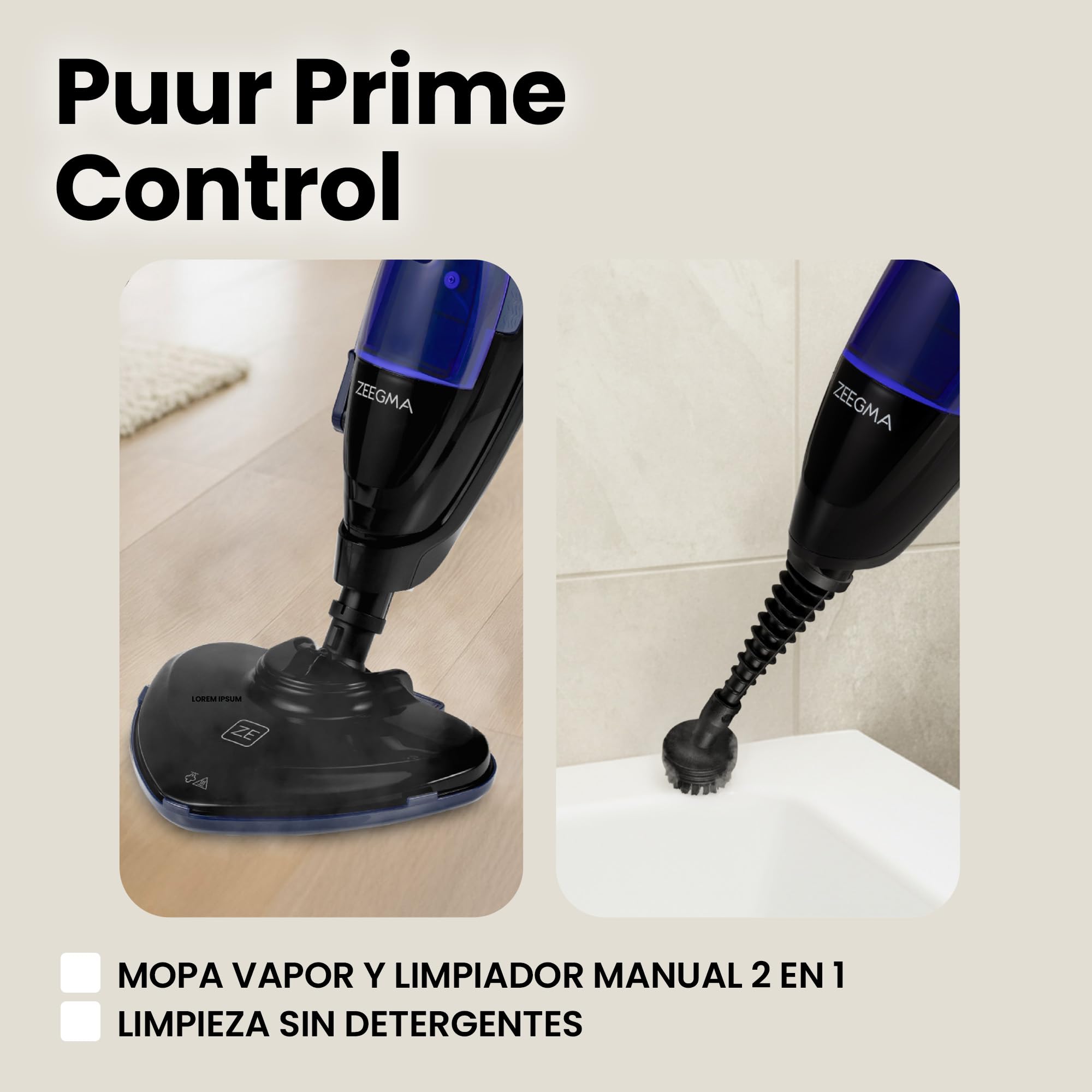 ZEEGMA Puur Prime Control – Mopa de Vapor 2 en 1 con 13 Accesorios, 1500 W, Depósito Extraíble 400 ml, Calentamiento 20 s, 3 Niveles de Vapor, Cabezal Giratorio, Cable 7 m – Limpieza sin Químicos
