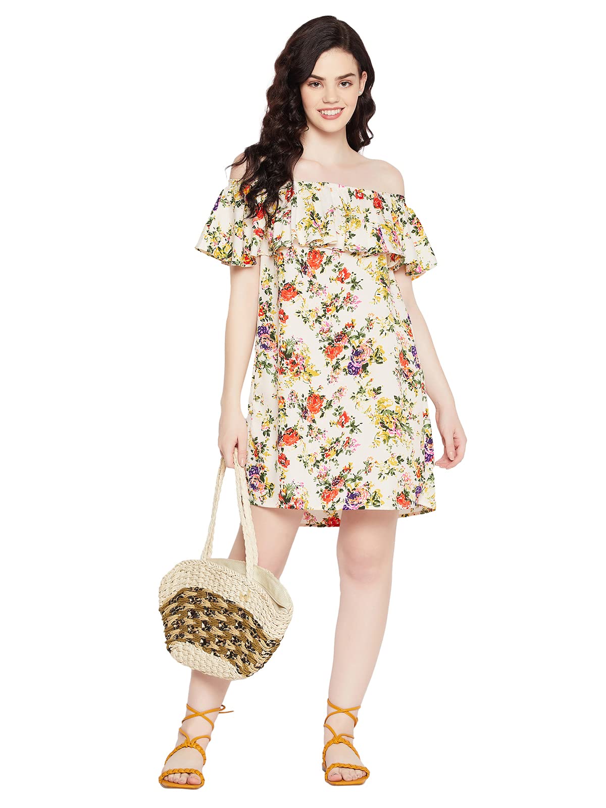 clovia Women's Fit and Flare Short Length Crepe Pretty Florals Resortwear Bardot Short Dress-picture-36