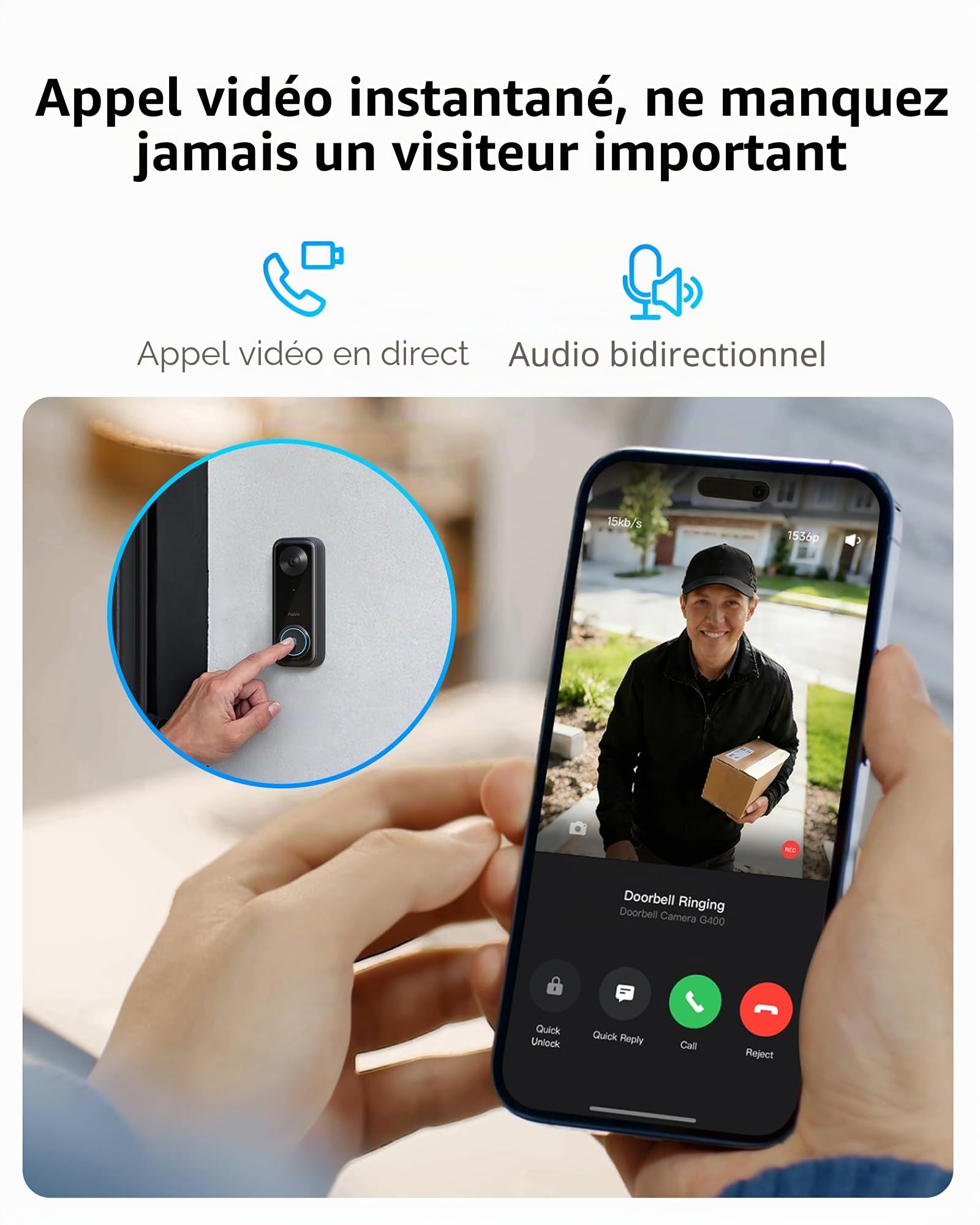 Aqara Sonnette Vidéo G400 avec Carillon, PoE/WiFi, HomeKit Secure Video, Vue Tête-aux-Pieds 2K, Wi-Fi 6 2,4/5 GHz, Compatible avec Alexa/Google/SmartThings, Détection locale, Enregistrement 24/7, IP65