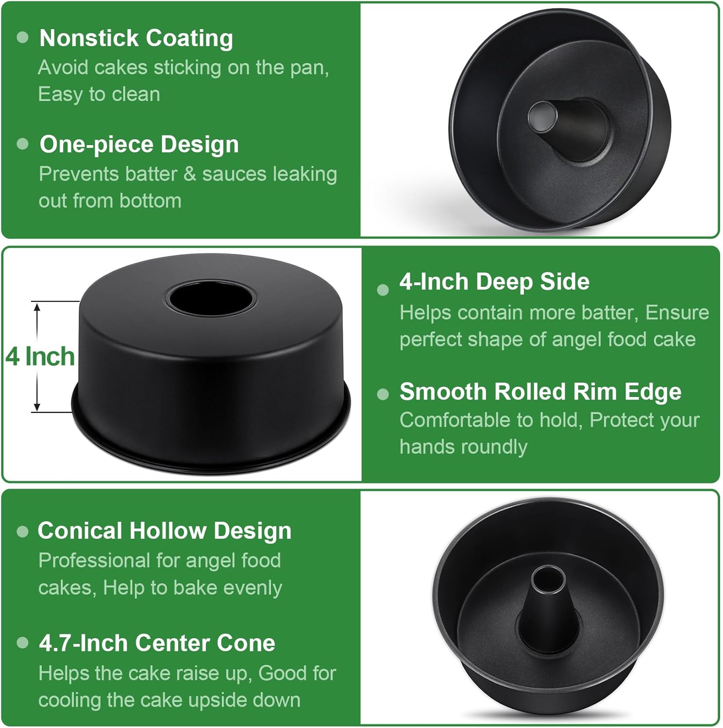 P&P CHEF Angel Food Cake Pan, 10 Inch Cake Pan Round Baking Tube Tin for Baking Pound Cakes, Conical Hollow & One-piece Design, Stainless Steel Core & Heavy-duty, Oven Safe - Black - Image 3
