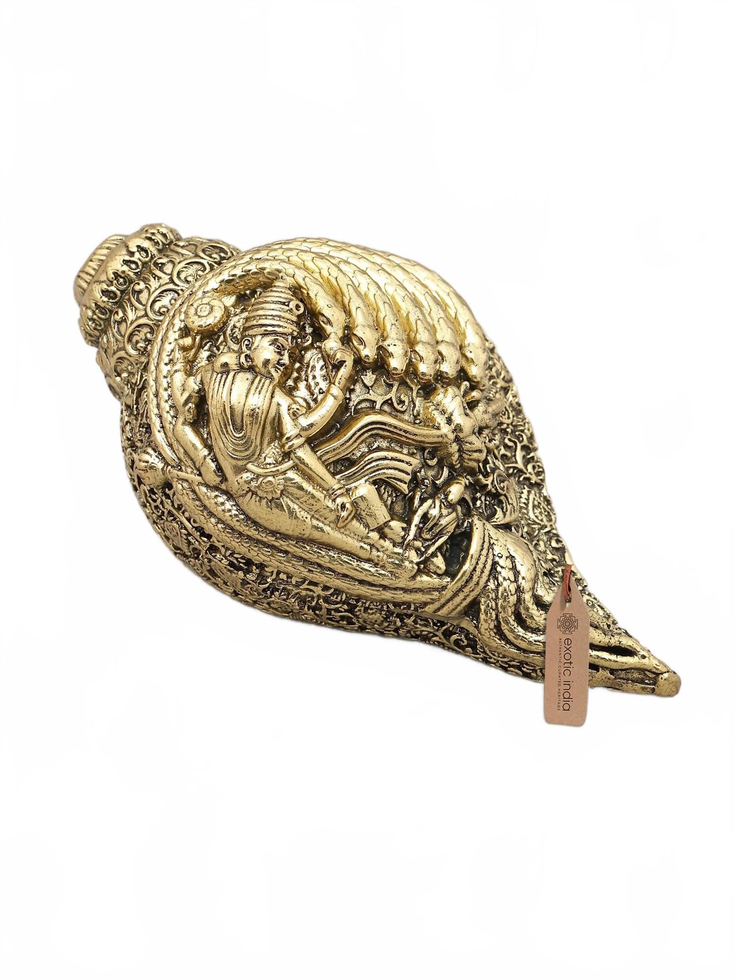 Exotic India 4" Small Superfine Brass Conch with Shesha-Shayi Lord Vishnu Shankh Idol for Puja Temple Room, Home, Office, Spiritual Décor