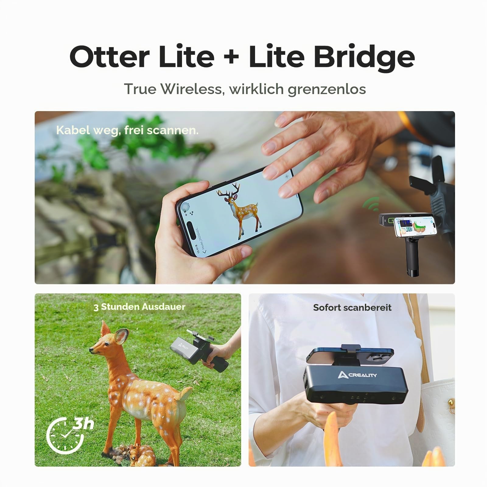 Creality Otter Lite 3D Scanner für 3D Druck, Kabelloser Handscanner, 0,05 mm Genauigkeit, Anti Shake Tracking, Geschwindigkeit bis zu 30 fps, 24 Bit Vollfarbscannen für Objekte von 20–2000 mm