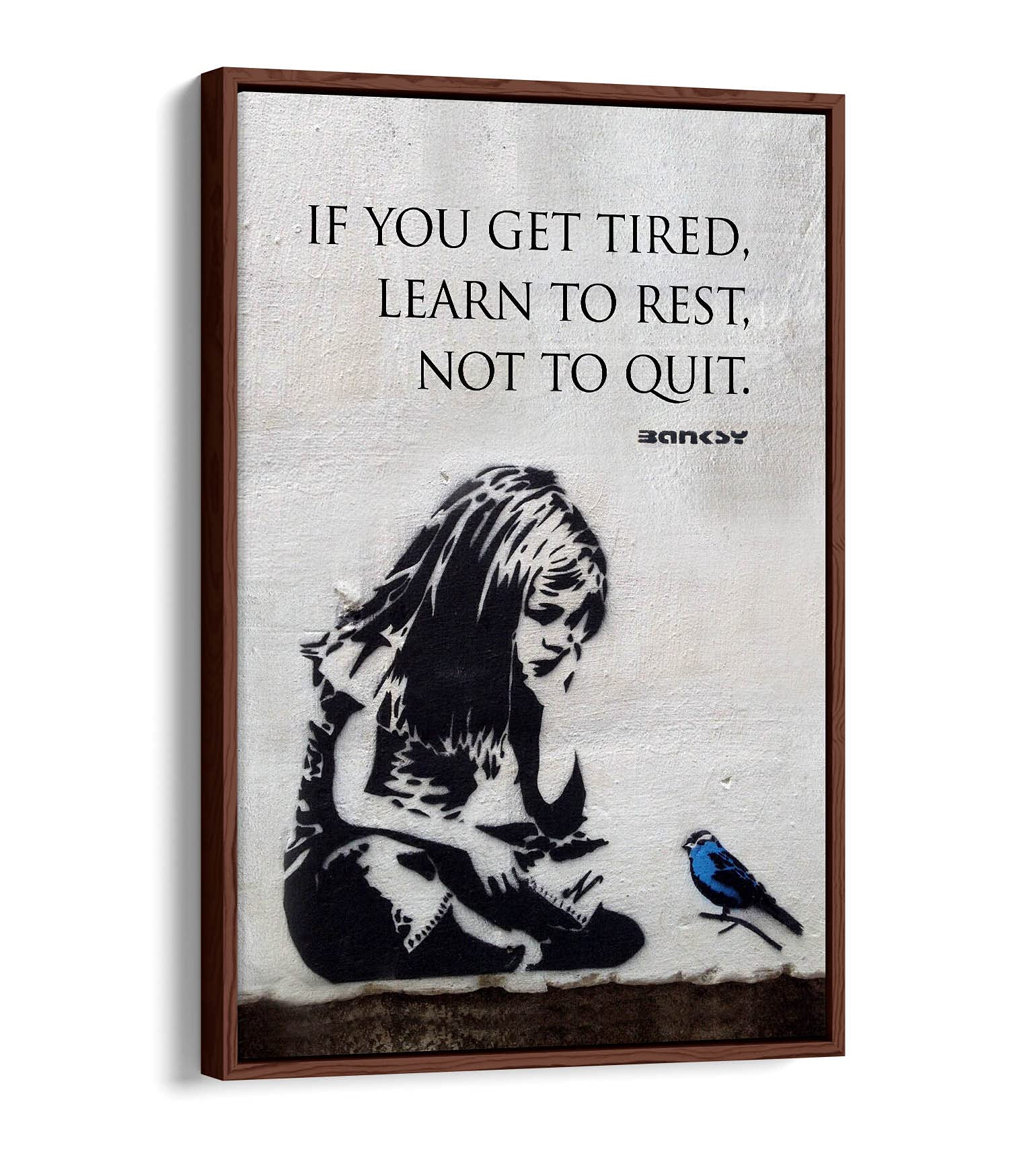 Canvasartshop Girls Walnut - Banksy Blue Bird Quote Portrait- Float Effect Framed Canvas Wall Art Picture Print (, 12X8)