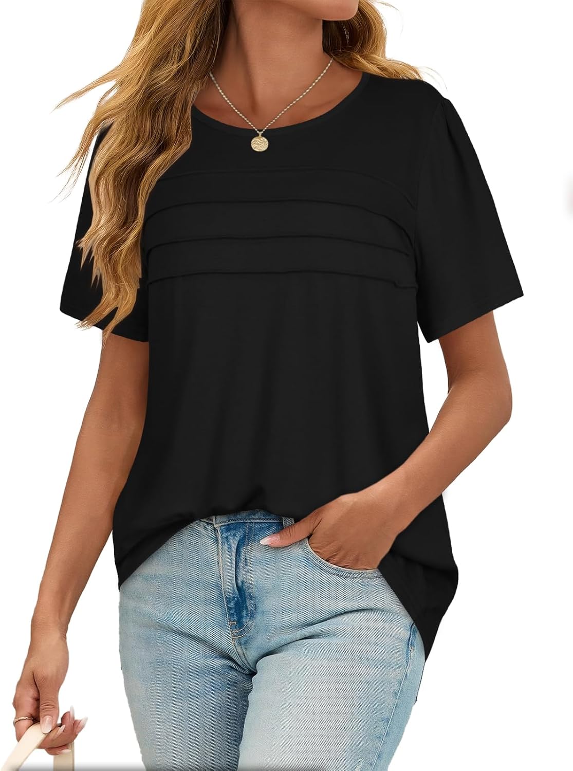 Short Sleeve Tops Womens T Shirts Blouses Dressy Casual Pleated Front Loose fit Outfits - Image 9