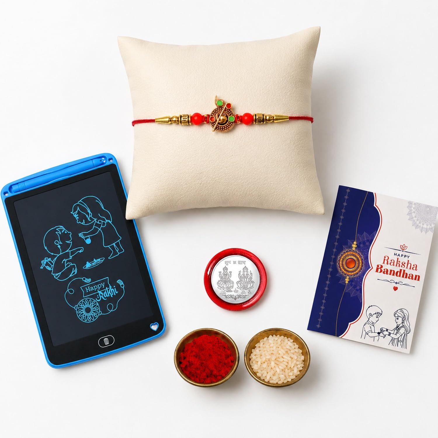 DeoDap Rakhi for Brother – Golden Color Stylish Rakhi with Kids Writing Tablet, Silver Color Pooja Coin, Greeting Card & Tilak Set – Traditional Raksha Bandhan Gift Combo Pack for Bhai (K1_197_1360)-image-24