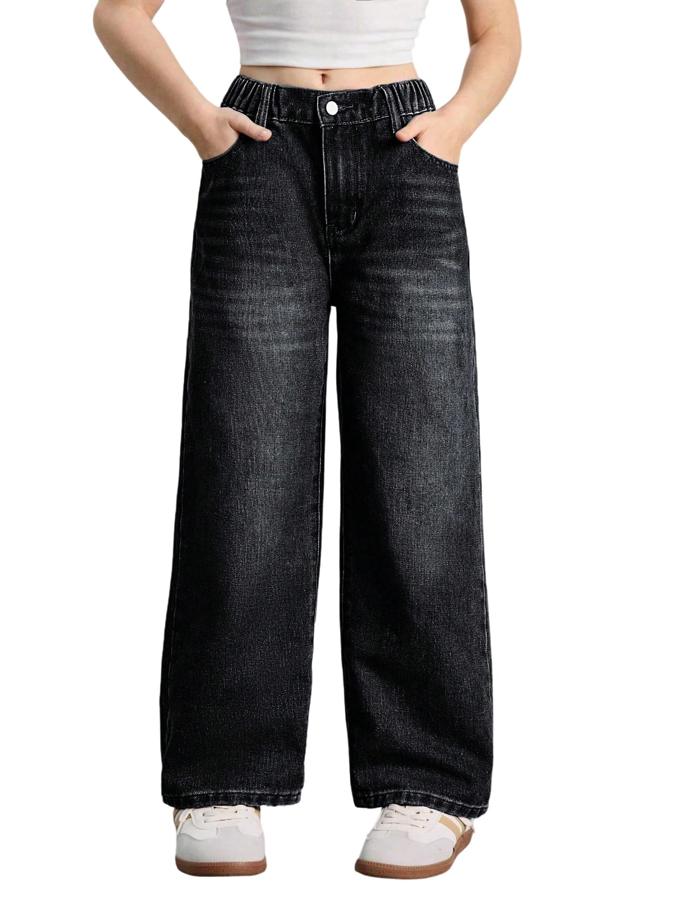 SOLY HUX Vaqueros para niña con bolsillos, pierna ancha, vaqueros con cremallera, cintura alta, vaqueros con botón, pantalones casuales