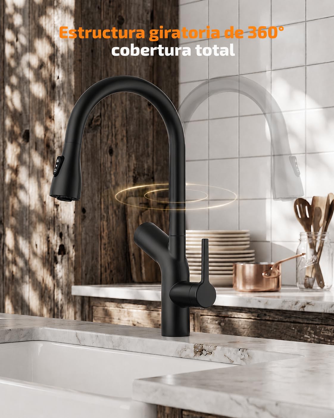 Cobbe Grifo de Cocina con Filtro de Agua, Pulverizador Extraíble, Monomando Giratorio de Caño Alto, Ayuda a Reducir Plomo, Cloro, Mal Sabor y Olores, 3 Filtros de Carbón, Negro