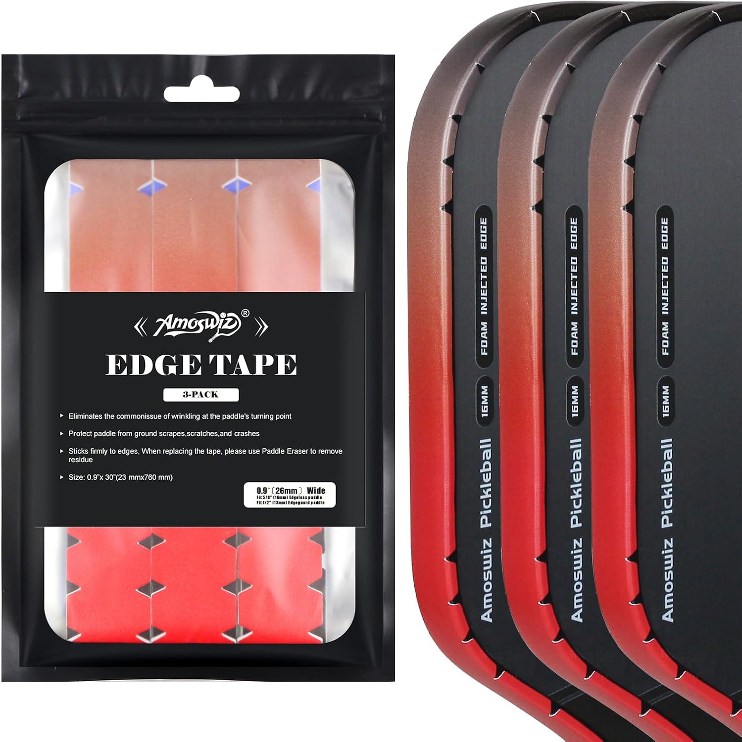 Pickleball Edge Guard Tape, 3 Pcs, No Wrinkle | Protects Paddle Edges, 23mm and 26mm Width, Fits 13mm, 16mm and 20mm Paddles
