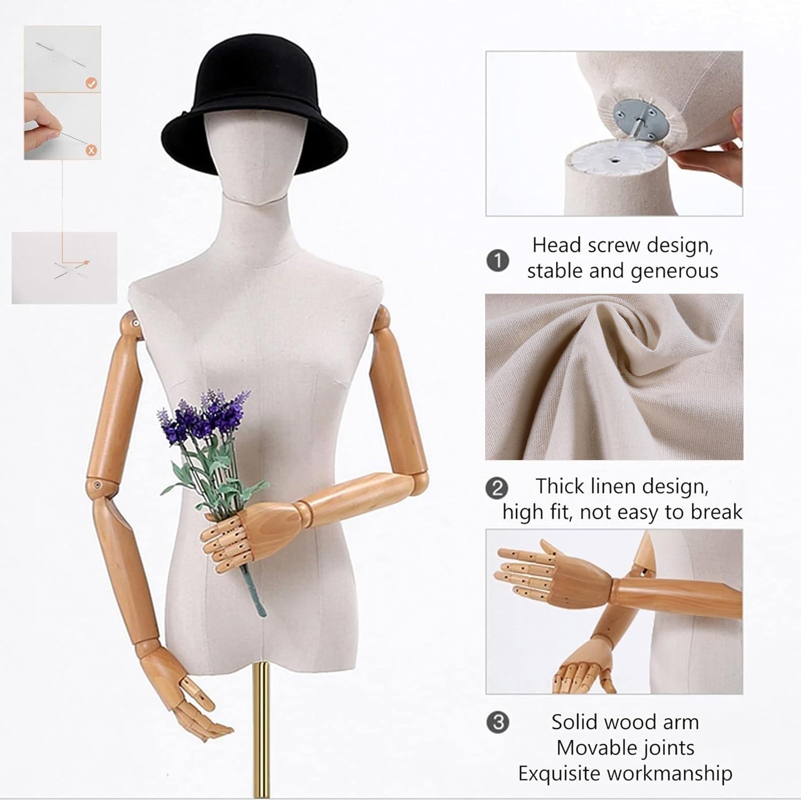 Jueraori Mannequin Couture Femme, Tête Amovible Modèle De Vitrine, Mannequins Buste avec Bras en Bois pour Shop de Vêtements Studio Photo, Reglable Hauteur 140-190cm ( Couleur : Gold , Taille : M )