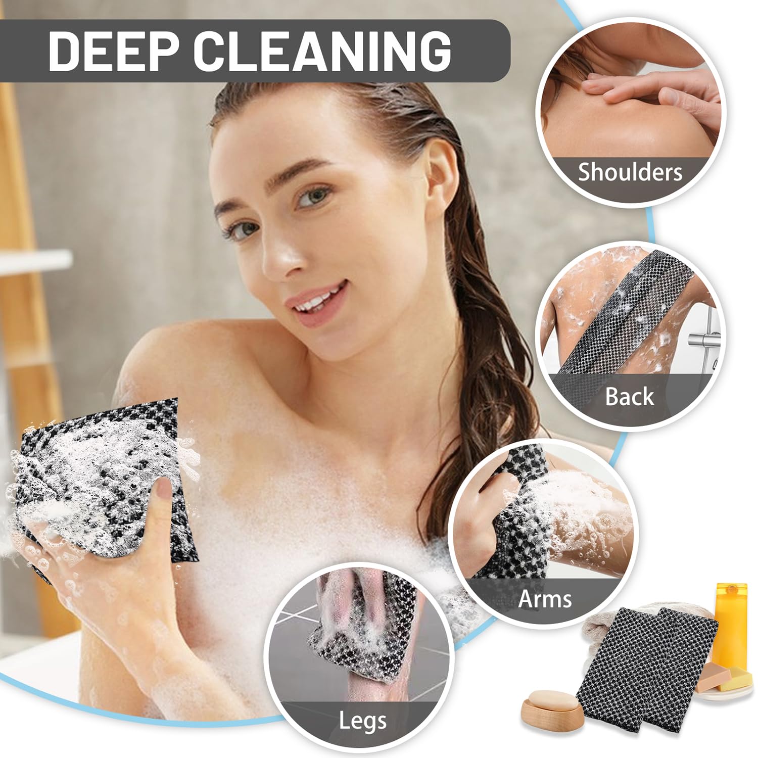 Lot de 3 Serviettes Exfoliantes, Serviette de Douche Antibactérienne Longue, Gommage du Corps pour Homme et Femme, Élimination des Peaux Mortes, Noir