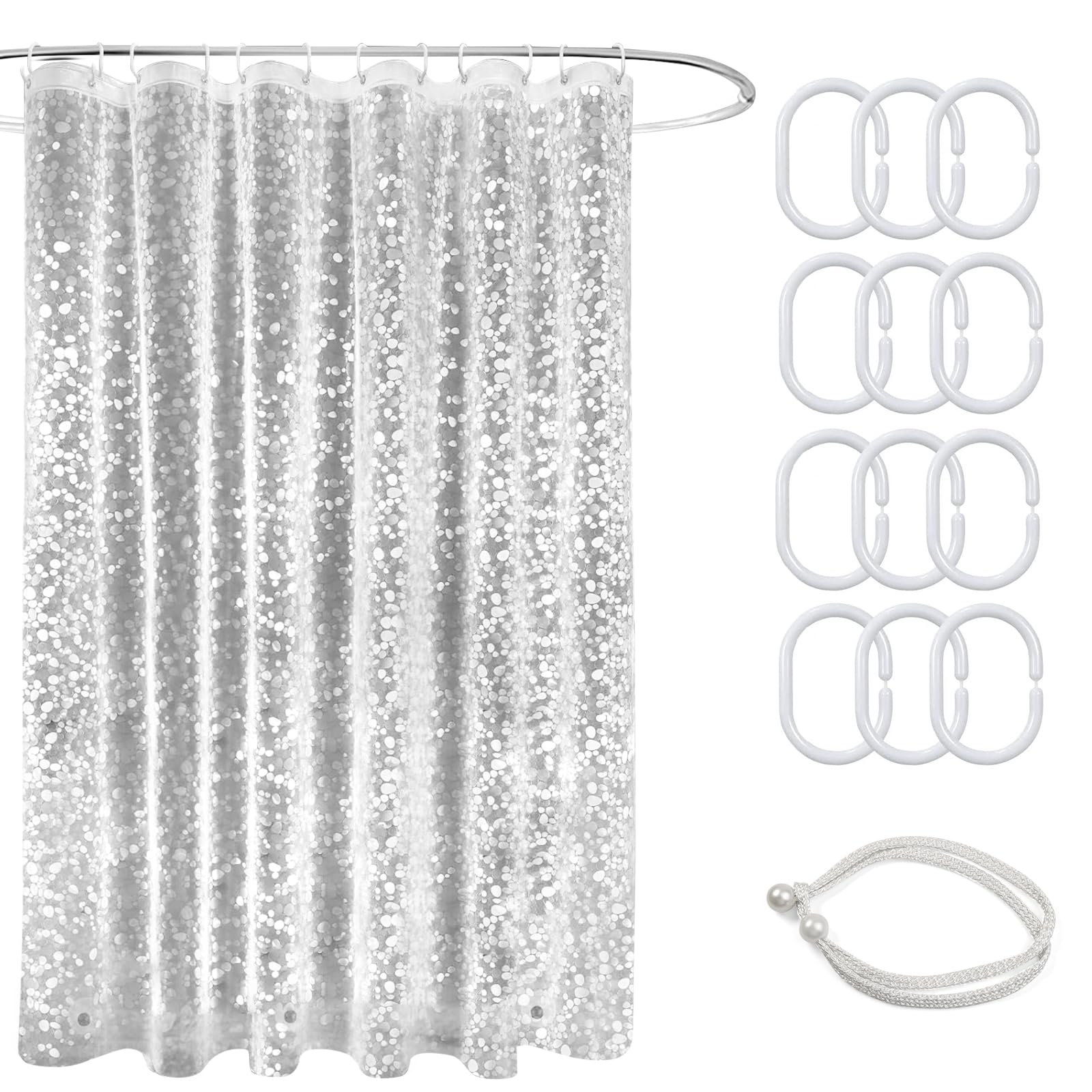 Parastar Cortina de ducha transparente, cortina de ducha de 180 x 180 cm con patrón de guijarros 3D, cortina de ducha Eva, cortina de ducha antimoho, resistente al agua, cortina de ducha g con imán
