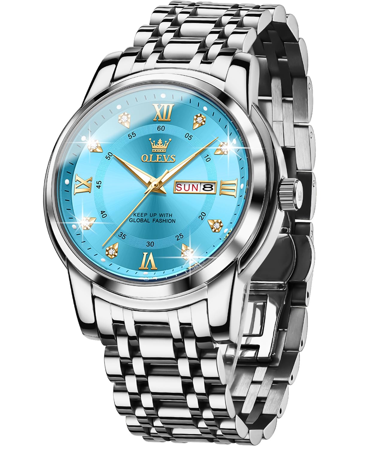 OLEVS Men Watch Blue Gold Analog Quartz Stainless Steel Waterproof Luminous Date Luxury Casual Watch