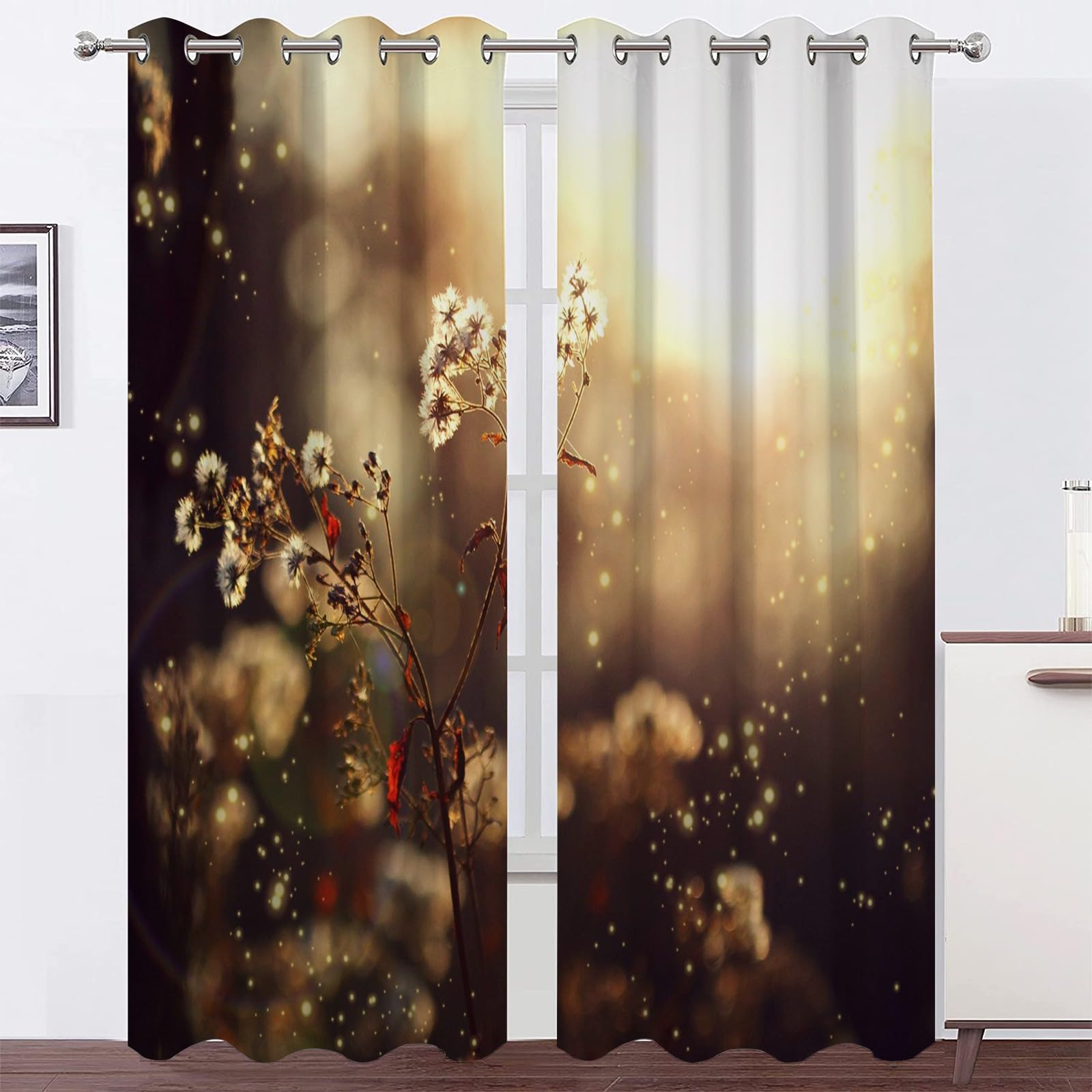 Plantes Blanches Rideaux Occultants,L120 X H200cm, Impressions 3D Rideaux (Lot de 2), Rideau Thermique Isolant Anti Froid et Chaleur,Adaptés à la Décoration de la Chambre et du Salon
