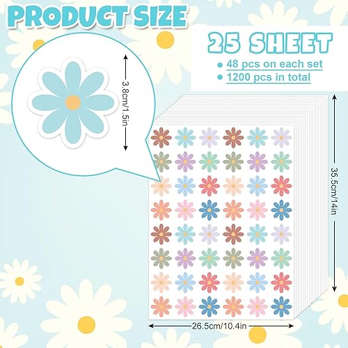 Miniatura 2 de Whaline 1200 calcomanías bohemias de margaritas coloridas, 12 estilos, retro, groovy, hippie, margaritas, beige, naranja, marrón, flores,