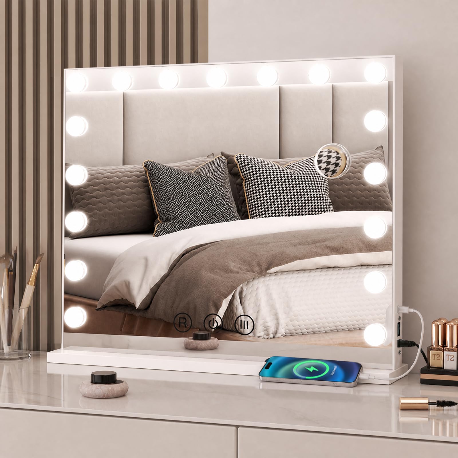 Lustro do makijażu 80x60 cm z 18 LED, możliwość ściemniania, 3 temperaturami barwowymi, z powiększeniem 10x, port wyjściowy USB, Sterowanie Dotykowe (Białe)