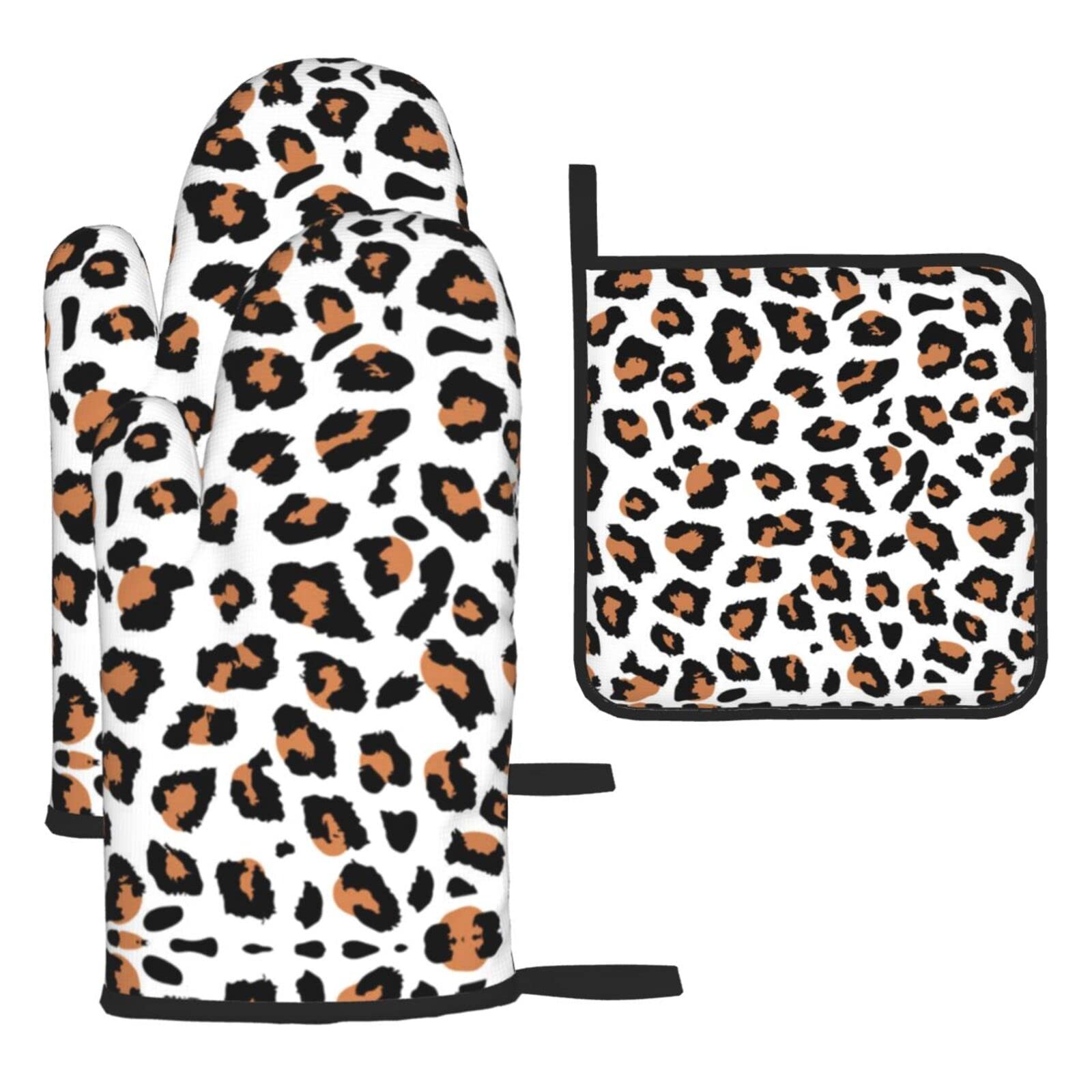 Leopard Oven Mitts and Pot Holder Kitchen Set for Grilling, Cooking, Baking, Heat Resistant