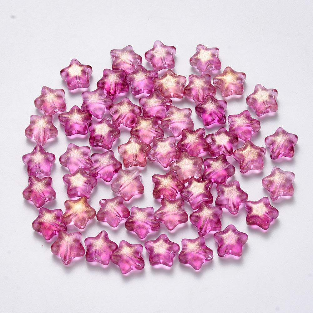 Elecrelive 100pcs Transparent Glass Star Beads Glass Crystal Star Loose Beads Colorful Star Shape Spacer Beads for DIY Necklace Bracelet Jewelry Making Hole: 1mm (Fuchsia,with Glitter Powder)