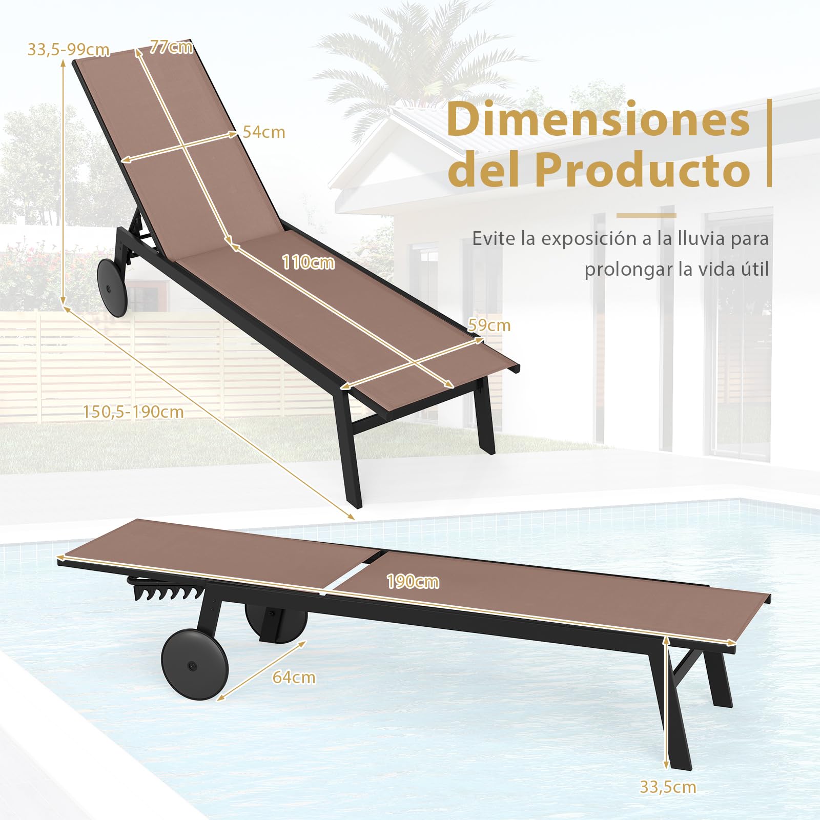 COSTWAY 1/2 Tumbonas Jardin Exterior con Ruedas, Tumbona Reclinable, Respaldo Ajustable en 6 Posiciones, Textilene, Espreguiçadeira Jardim Piscina Terraza Playa (café,2)