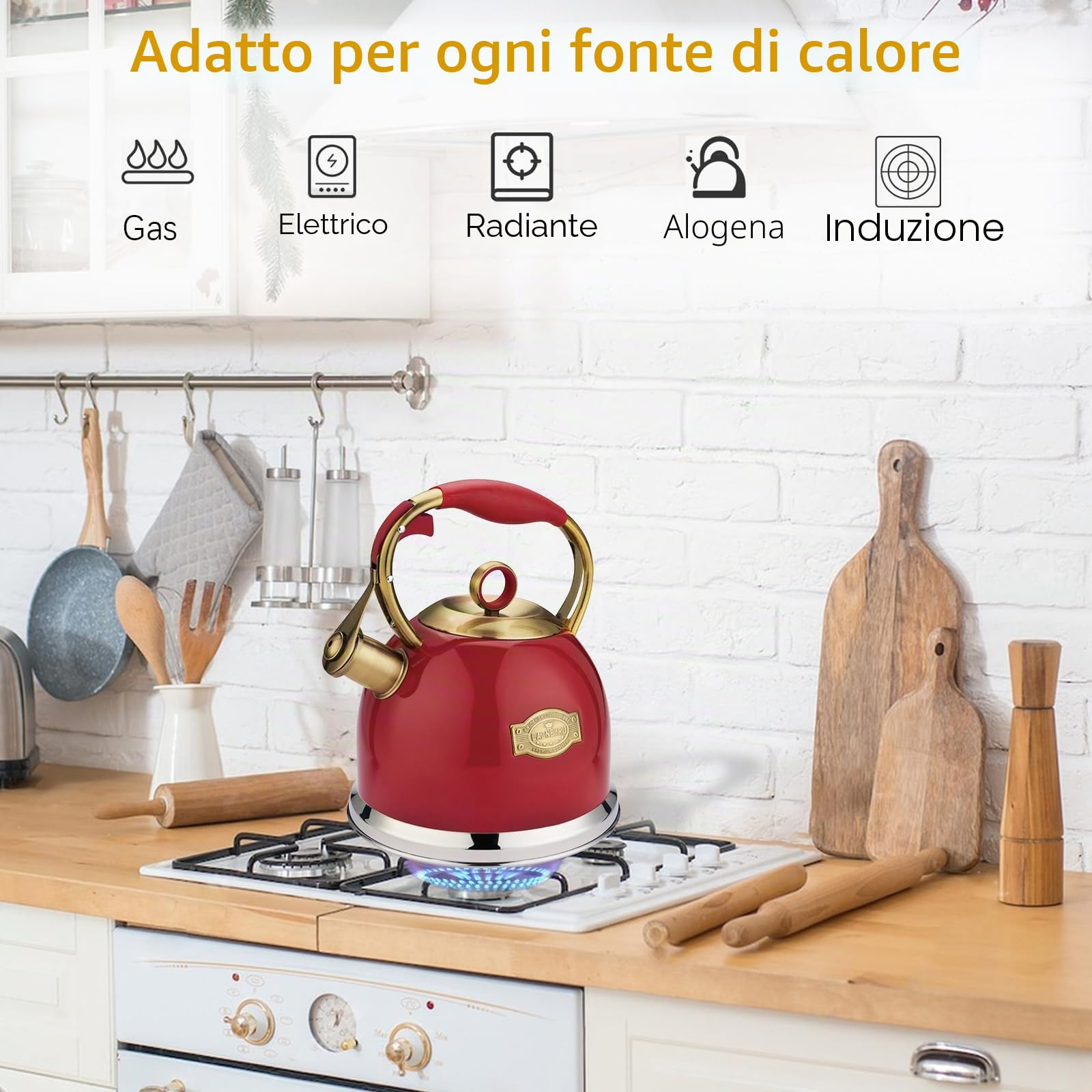 Bollitore a fischio, in acciaio inox, 3 l, con manico resistente al calore, per fornelli a induzione
