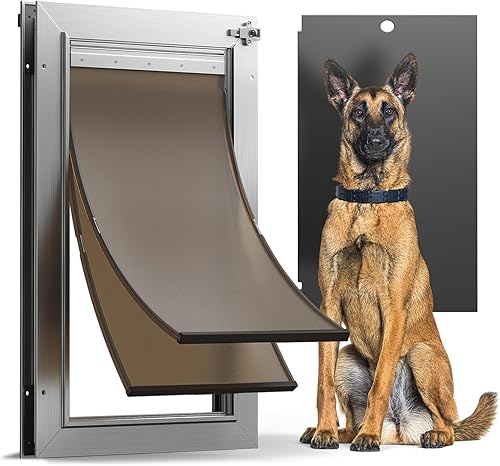 Puerta para perro de aluminio, resistente a la corrosión, puerta grande para perros para puertas exteriores, puerta para perros con 2 solapas
