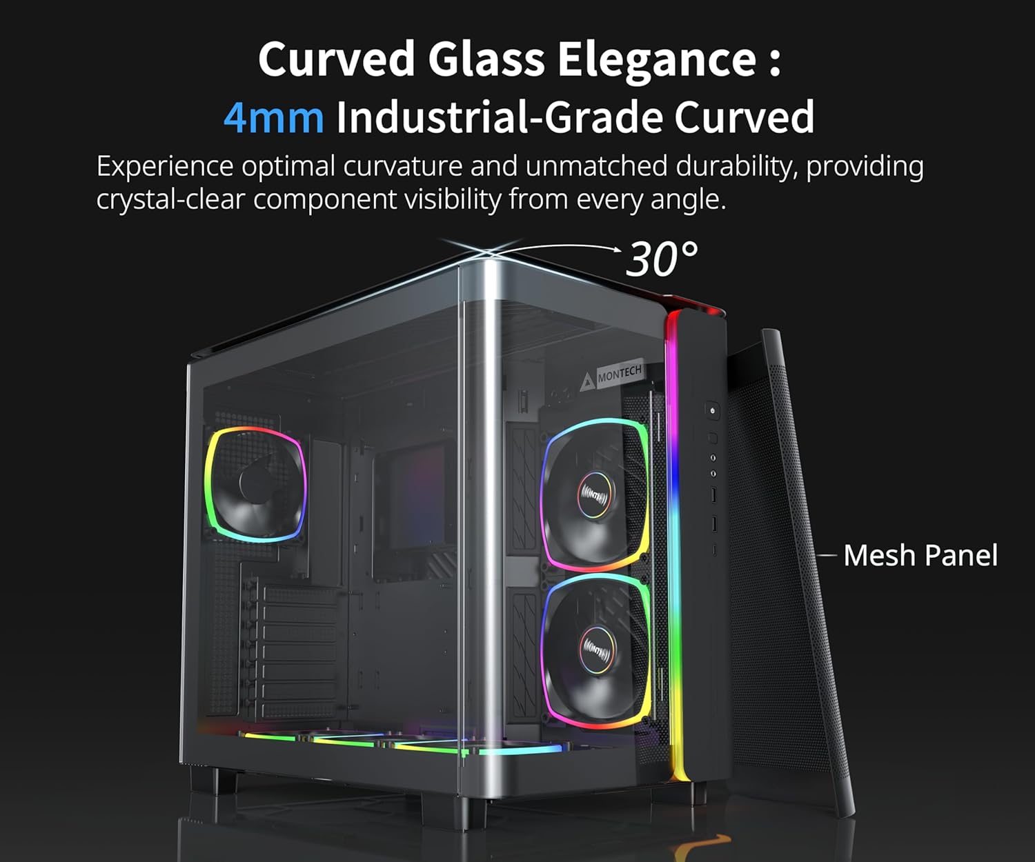 MONTECH King 95 PRO Dual-Chamber ATX Mid-Tower PC Gaming Case, High-Airflow, Toolless Panels, Sturdy Curved Tempered Glass Front, Six ARGB PWM Fan Pre-Installed with Fan Hub, King 95 PRO Black US