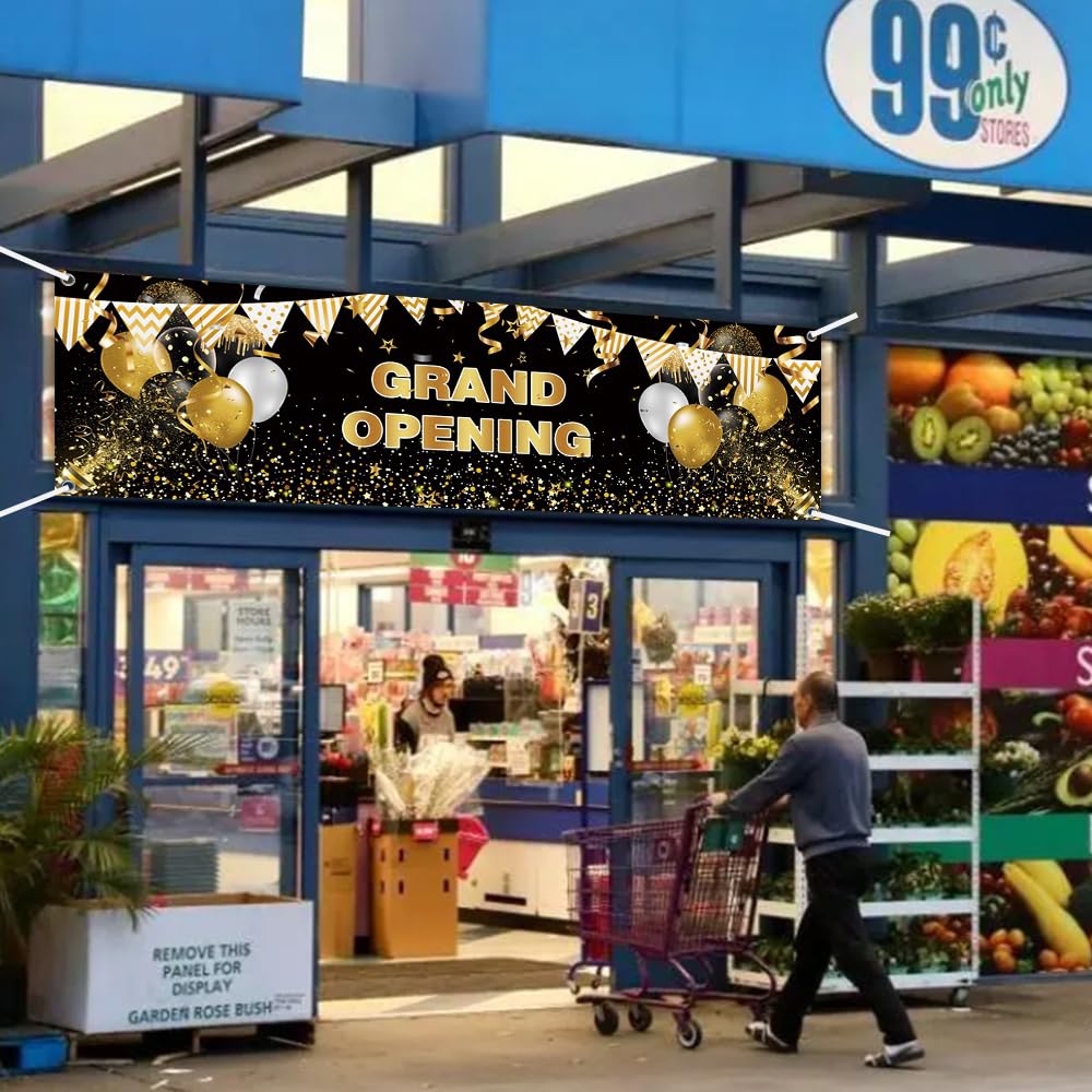 Großes Eröffnungsbanner 91x304 Cm – Schwarz-gold, Polyester, Mit Band & Messingösen, Für Laden, Restaurant, Events