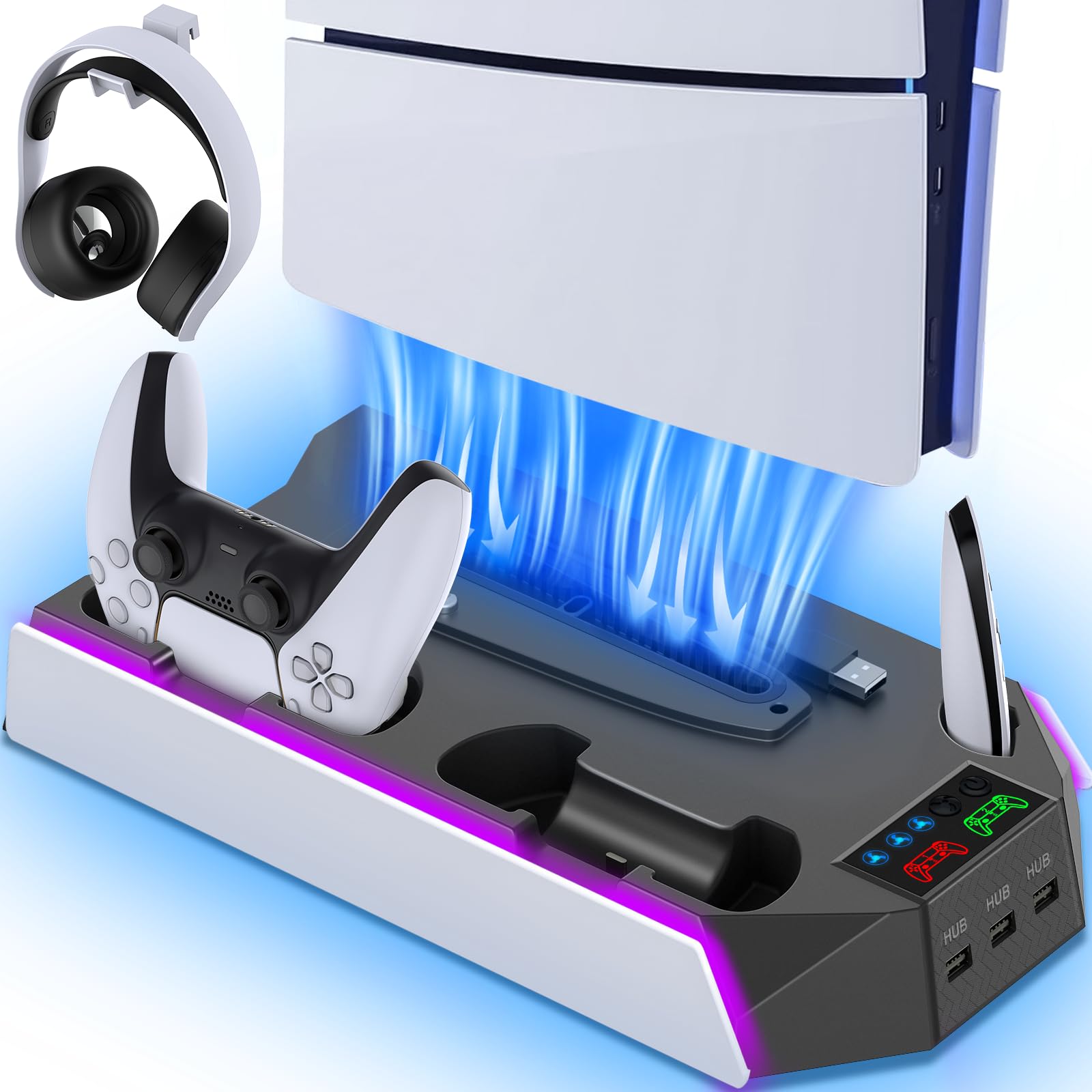 PS5 / PS5 Slim Cooling Station Stand LED with Dual Controller Charging Station for PlayStation 5 Console, PS 5 Accessories Incl. Controller Charger, Cooling Fan, Headset Holder, 3 USB Hub-White&amp;Black