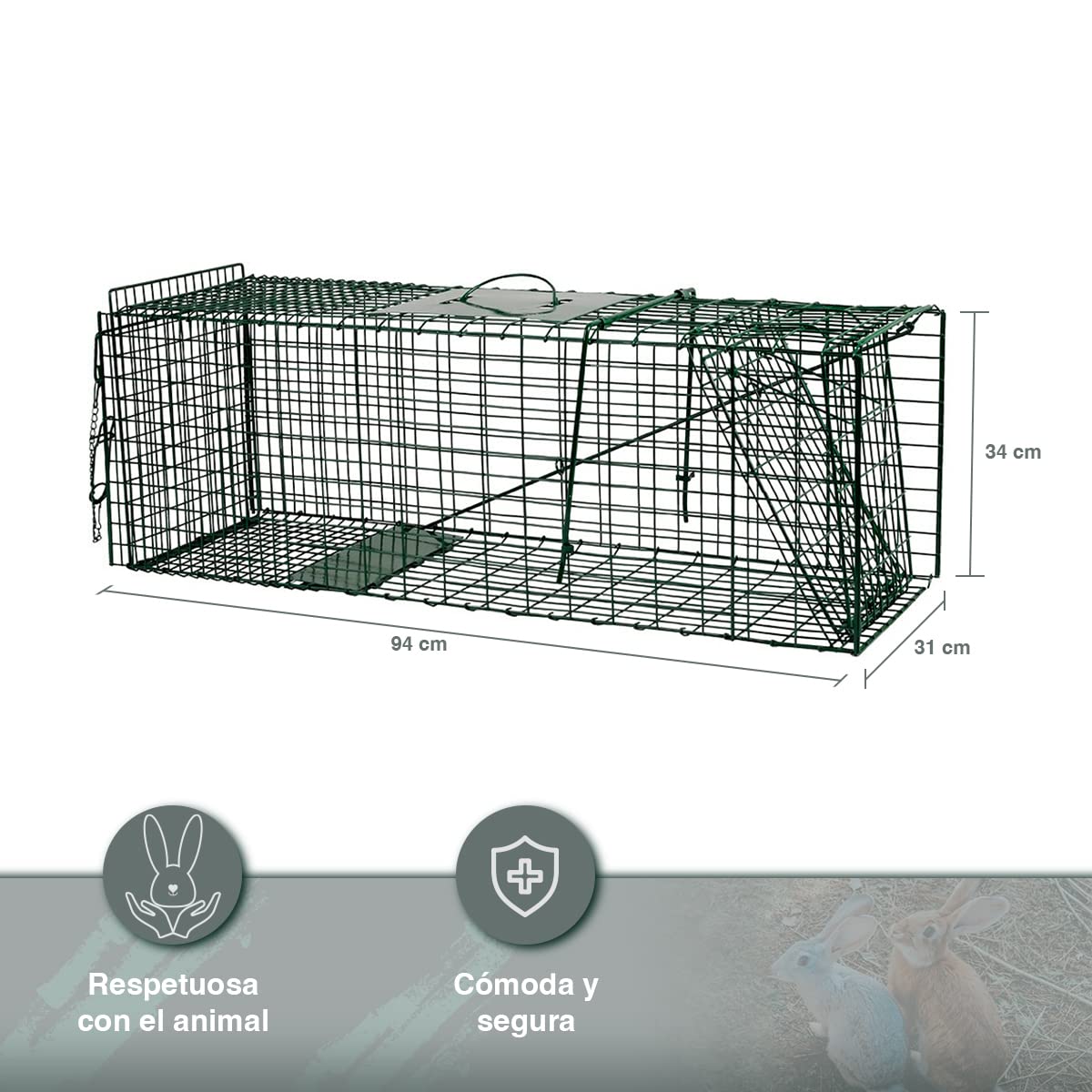 Jaula Trampa para Gatos, Perros, Hurones o Conejos | Respetuosa con el Animal, Captúralo Vivo | Plegable, con Una Entrada | Pintada en Verde, Inoxidable | 94x31x34 cm