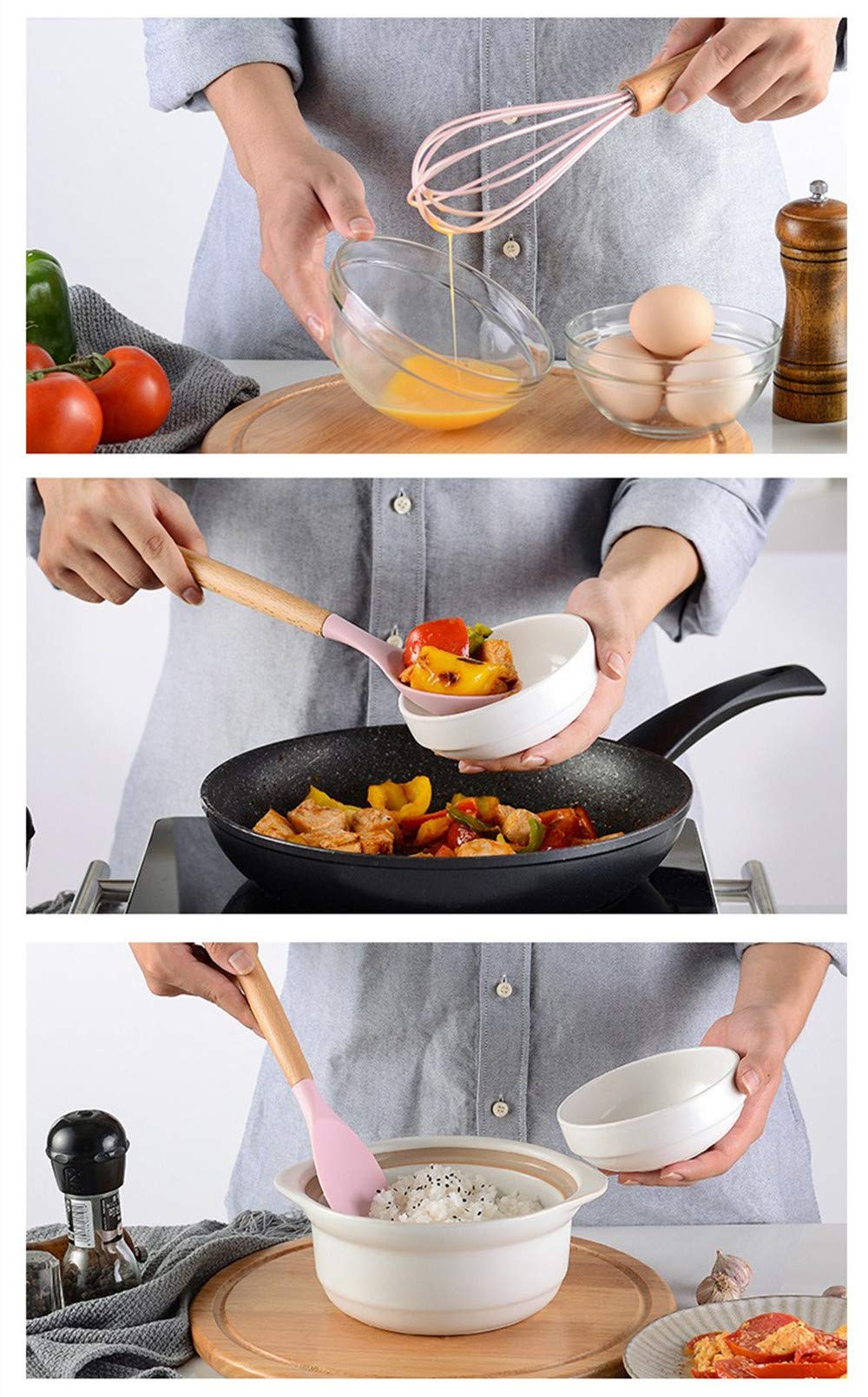 11pcs ustensiles de cuisine en silicone ensemble ustensiles de cuisine antiadhésifs résistants à la chaleur avec poignées en bois pour restaurant commercial et maison