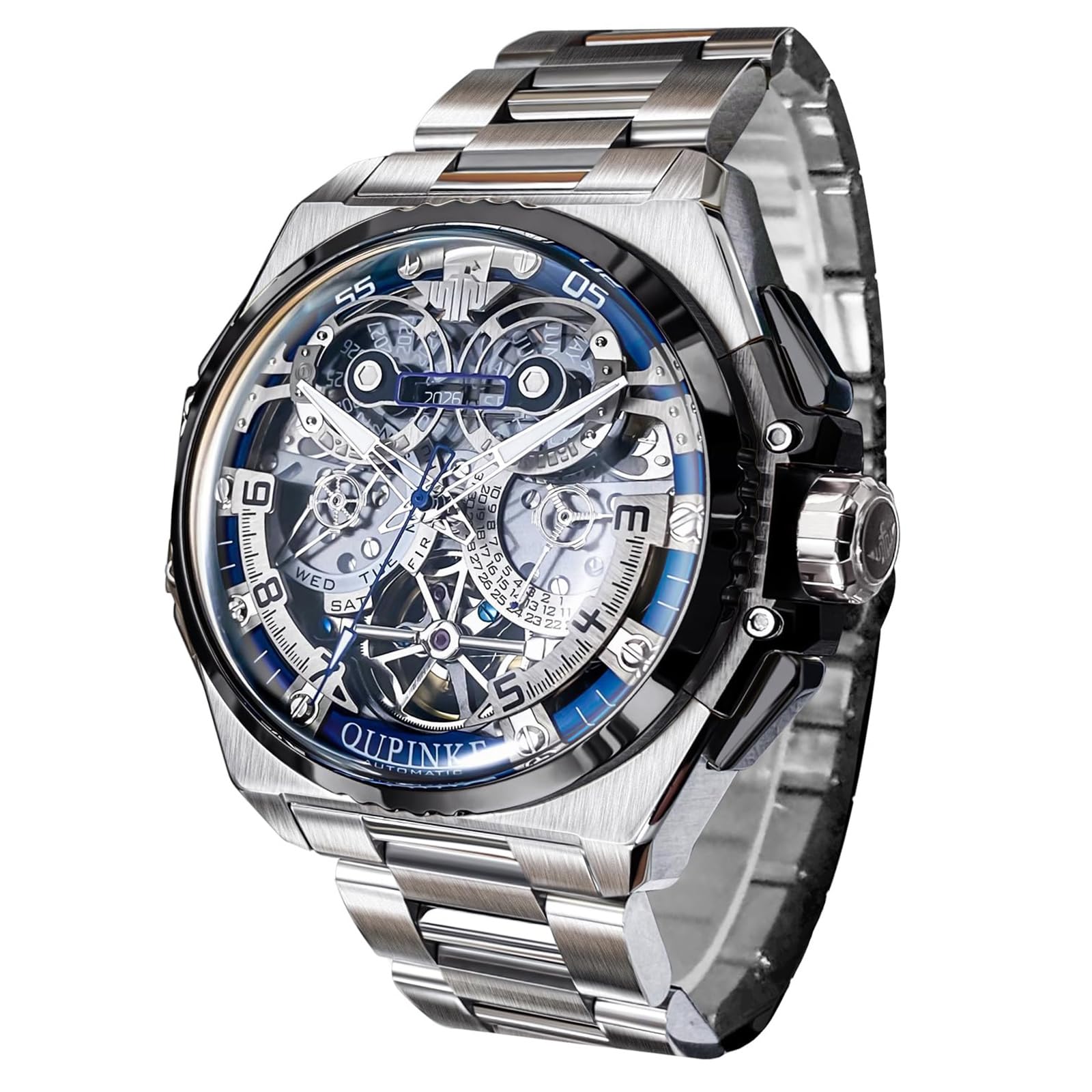 OUPINKE Watch for Men Automatic Wristwatch 3D Dial with 5ATM Waterproof Luminous Calendar Skeleton Watches-Sapphire Crystal Tungsten Steel Strap