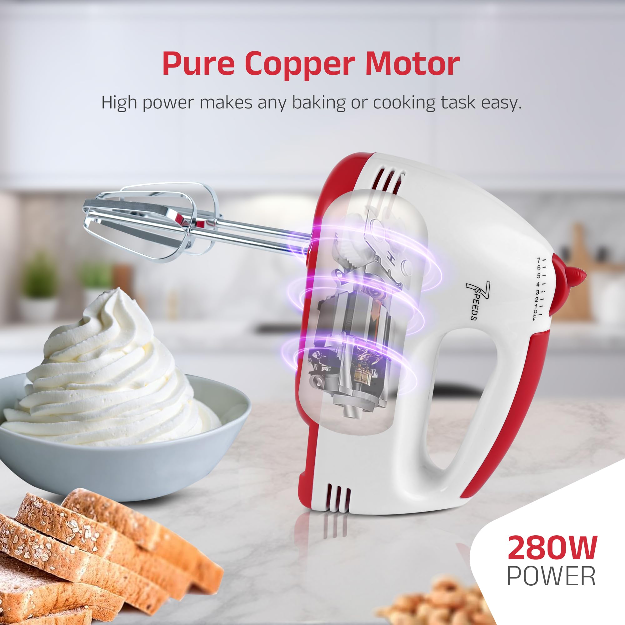 iBELL WHISK280 Hand Mixer, 280W, 7 Speed Control Plus Turbo, Beater/Blender/Electric Cream Maker for Cakes, stainless, Dough Hooks (White) 2