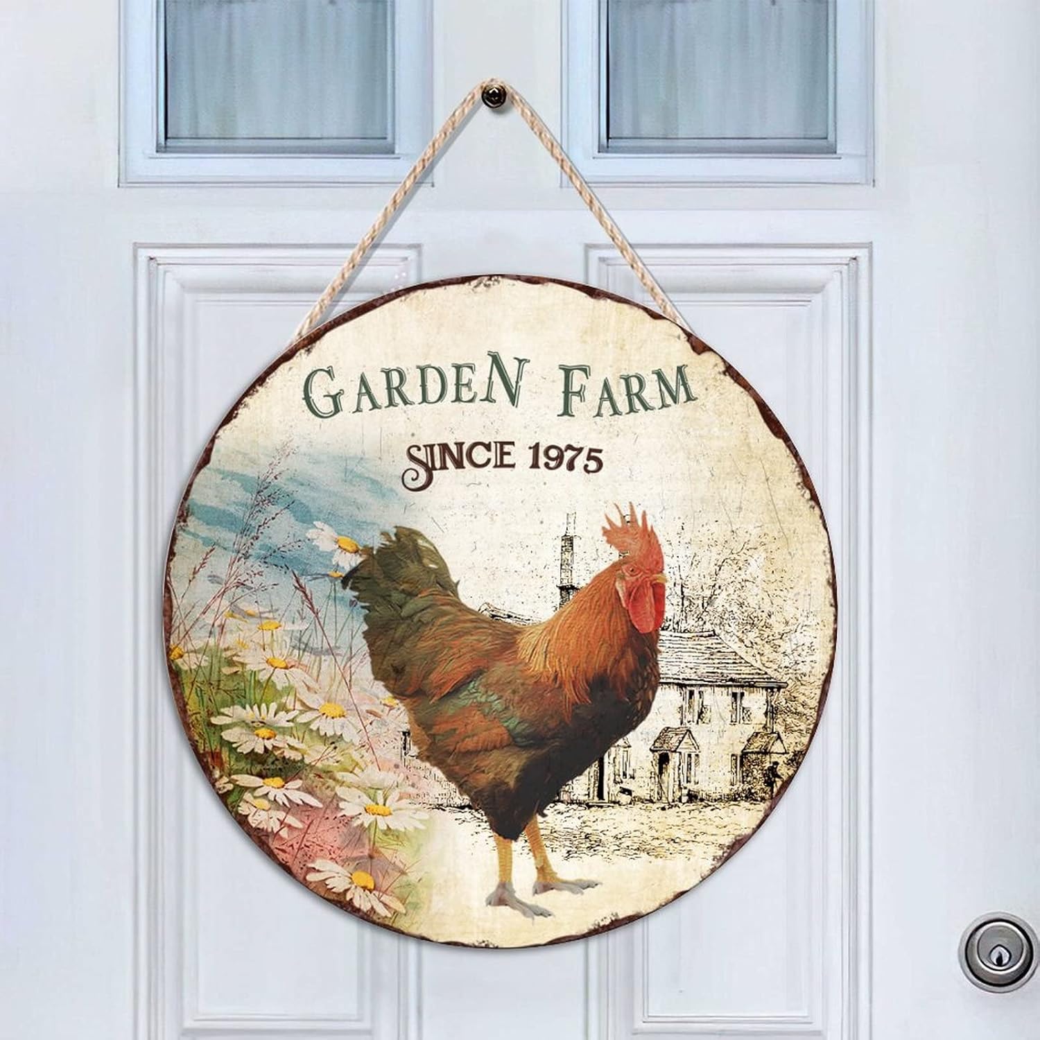 Garden Farm Since 1975 Wood Door Sign Rustic Front Door Sign 16x16in Rooster Wall Door Hanging Sign Farmhouse Backyard Door Hanger Wall Decor Housewarming Gifts