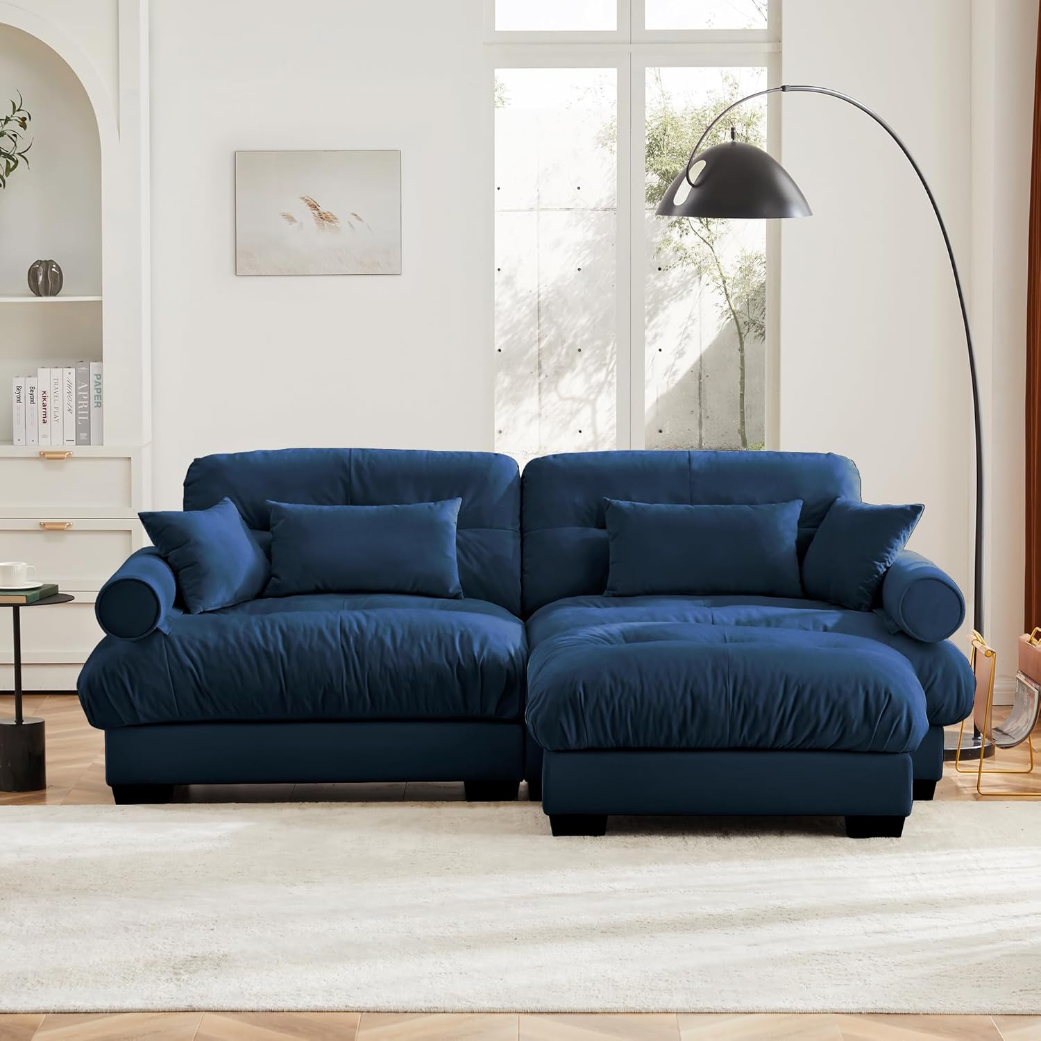 Modular Sectional Sofa L Shaped Couch, 2 Seater Recliner Sofa Sectional Couches for Living Room, Oversized Cloud Couch for Bedroom, Deep Seat Sofas Comfy Velvet Loveseat with 4 Pillows, Blue
