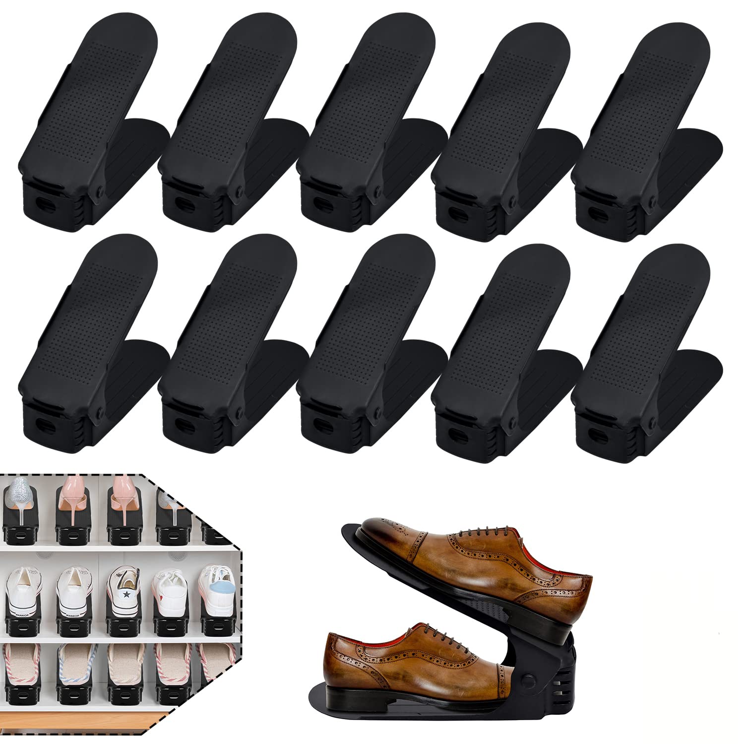 YUENFONG Set di 30 scaffali regolabili per scarpe, 3 altezze in altezza, salvaspazio, in plastica antiscivolo (nero)