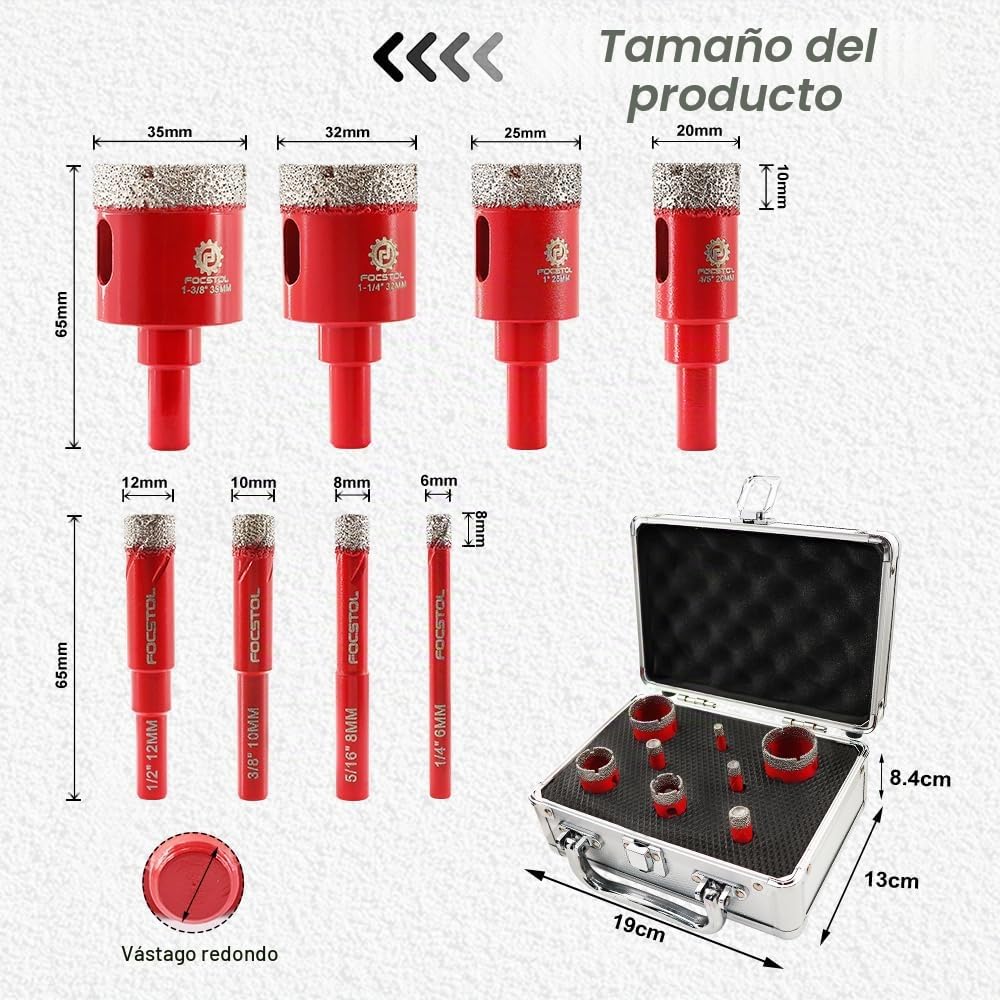 FOCSTOL Juego de Brocas Diamante - 8 piezas 6/8/10/12/20/25/32/35mm Fresa Diamante con Mango Redondo para Porcelanico Cerámica Mármol Granito