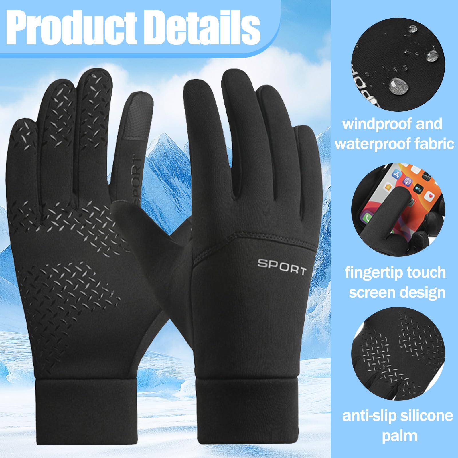 Guanti Invernali Touch Screen – Impermeabili, Antivento E Antiscivolo, Perfetti Per Moto, Ciclismo, Trekking E Alpinismo (Nero, Taglia L)