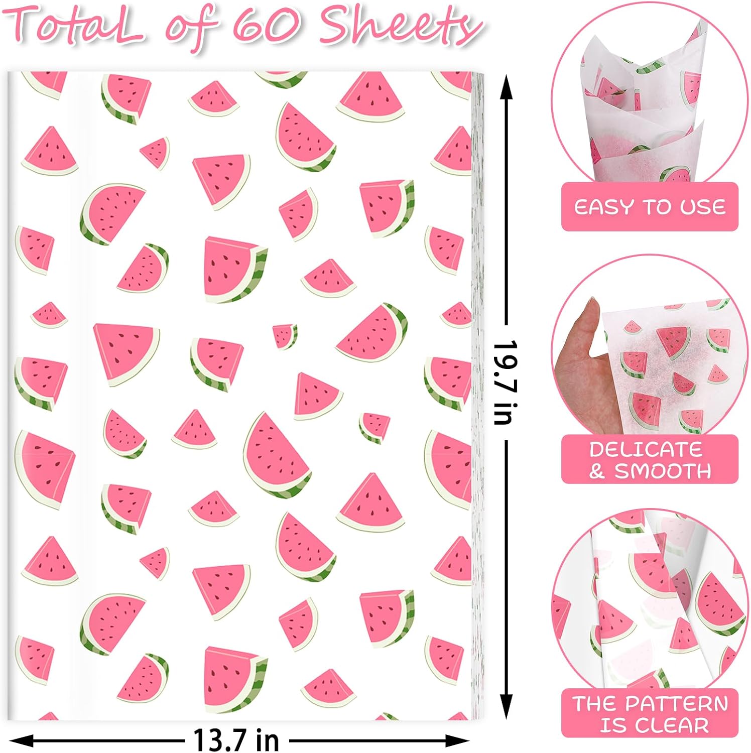 60 Sheets Watermelon Print Tissue Paper, 14×20" Watercolor Watermelon Patterns Gift Wrapping Paper for Summer DIY Crafts Fruit-Themed Party Supplies (Pink) image 2
