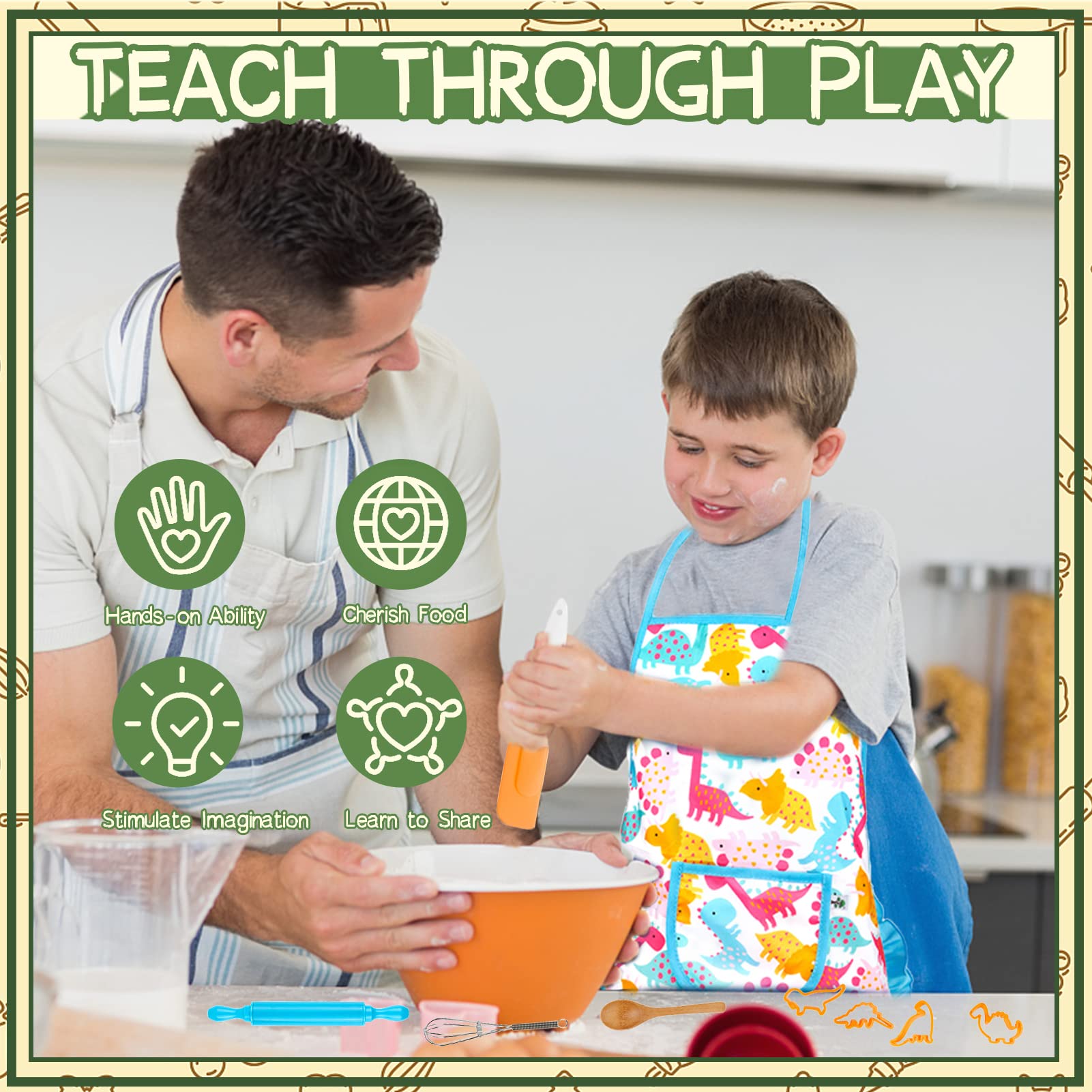 KAEGREEL Kids Baking Chef Set including Dinosaur Apron, 26pcs Kitchen Toys Kid Cooking Set including Chef Hat Spoons Whisk - Image 2