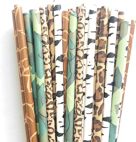 125 pajitas de papel para fiesta de safari en la selva, marrón, negro, blanco, verde, camuflaje, cebra, leopardo, guepardo, árbol, zoológico,