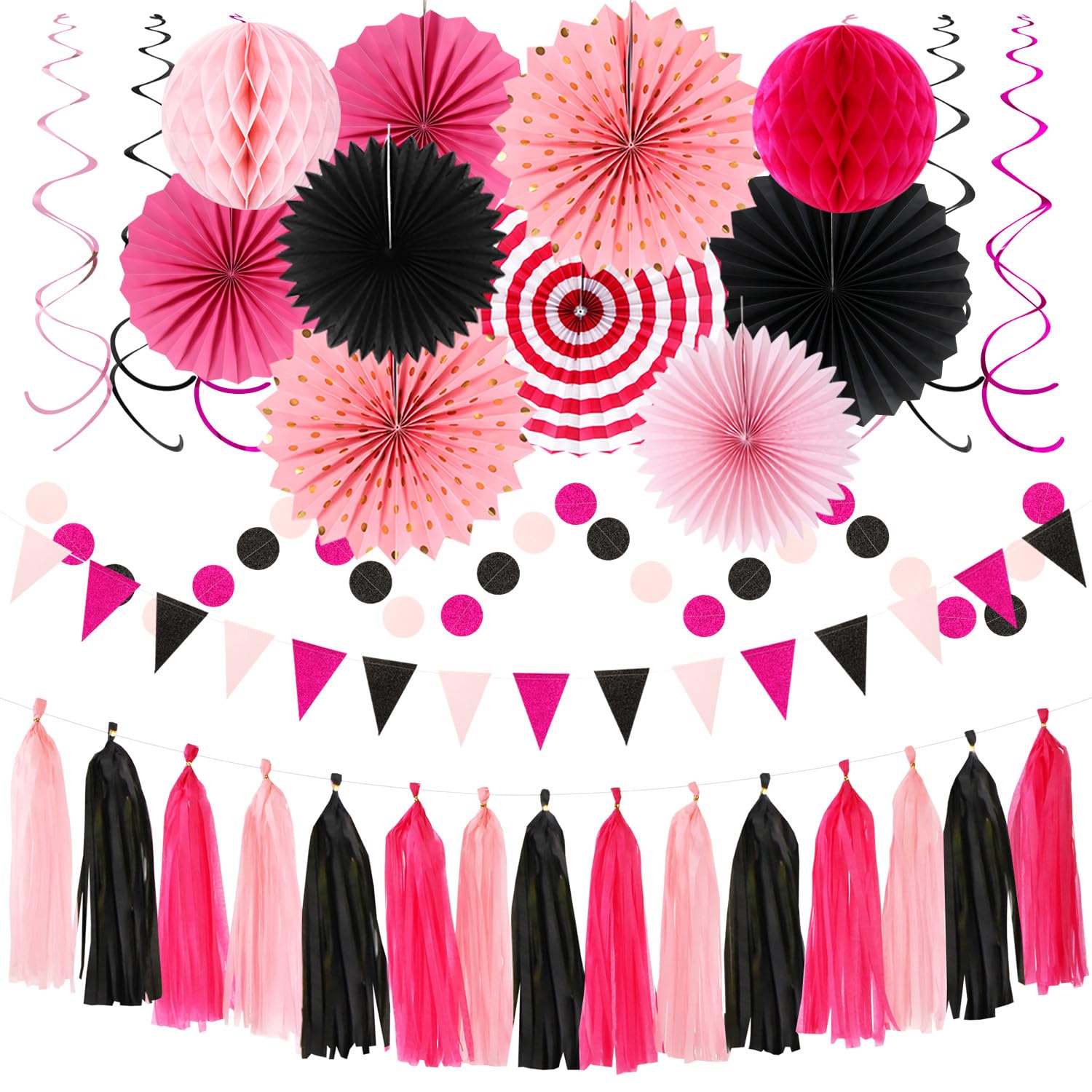 Hot Pink Black Tissue Pom Poms Paper Fans Party Kit Hot Pink \u0026 Black Party  Decorations Kit - Tissue Pom Poms, Paper Fans, Lanterns For Birthday \u0026  Bachelorette Graduation Party Decorations, image size:1500x1500
