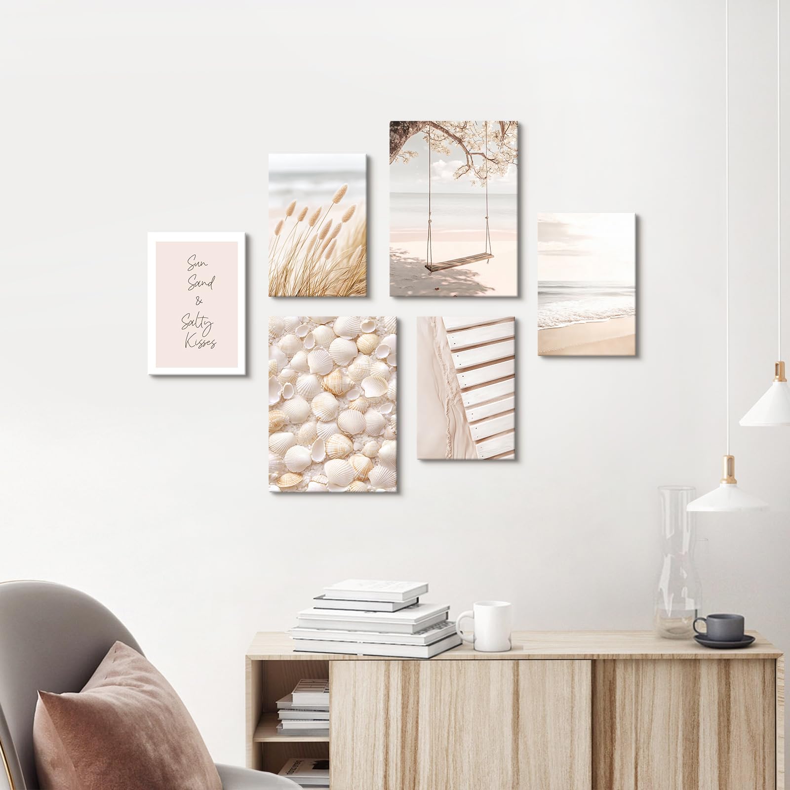 6pcs Cadre en Bois Impression sur Toile Boho Coquillage de Plage Côtière Tableau Affiche Decoration Murale Océan Paysage Peinture Tableau Decoration Murale Salon Chambre 30x40 cm x2+20x30 cm x4